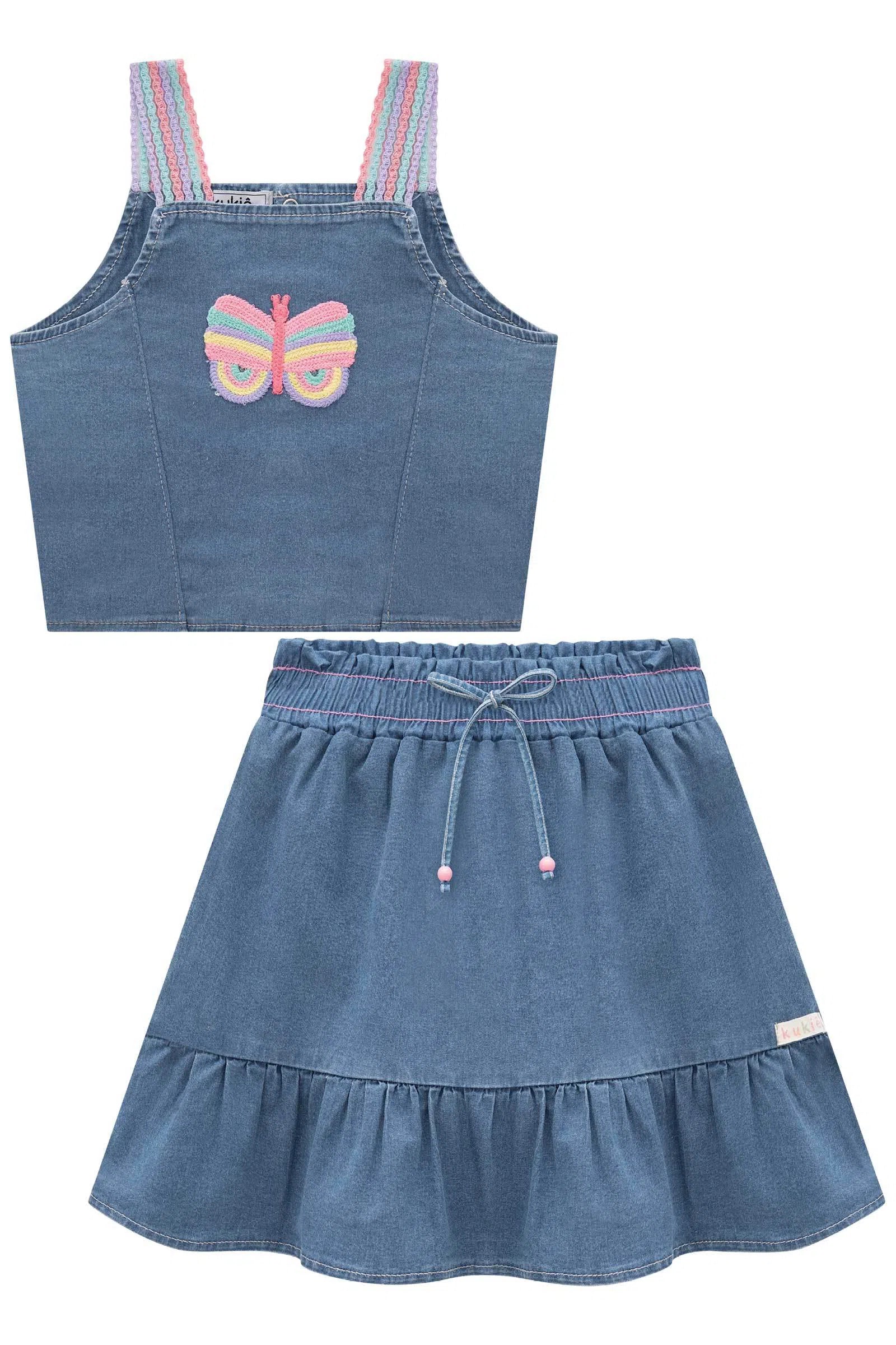 Conjunto de Blusa Cropped e Saia em Jeans Liz (com Shorts Embutido) 73896 Kukiê