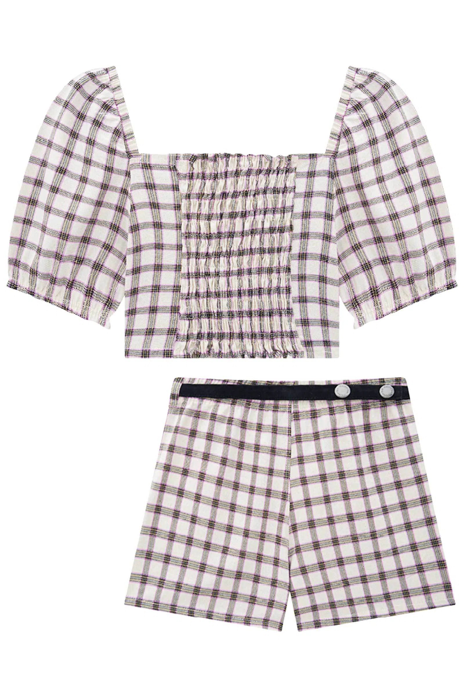 Conjunto de Blusa Cropped e Shorts em Check Oasis 75008 Vic&Vicky