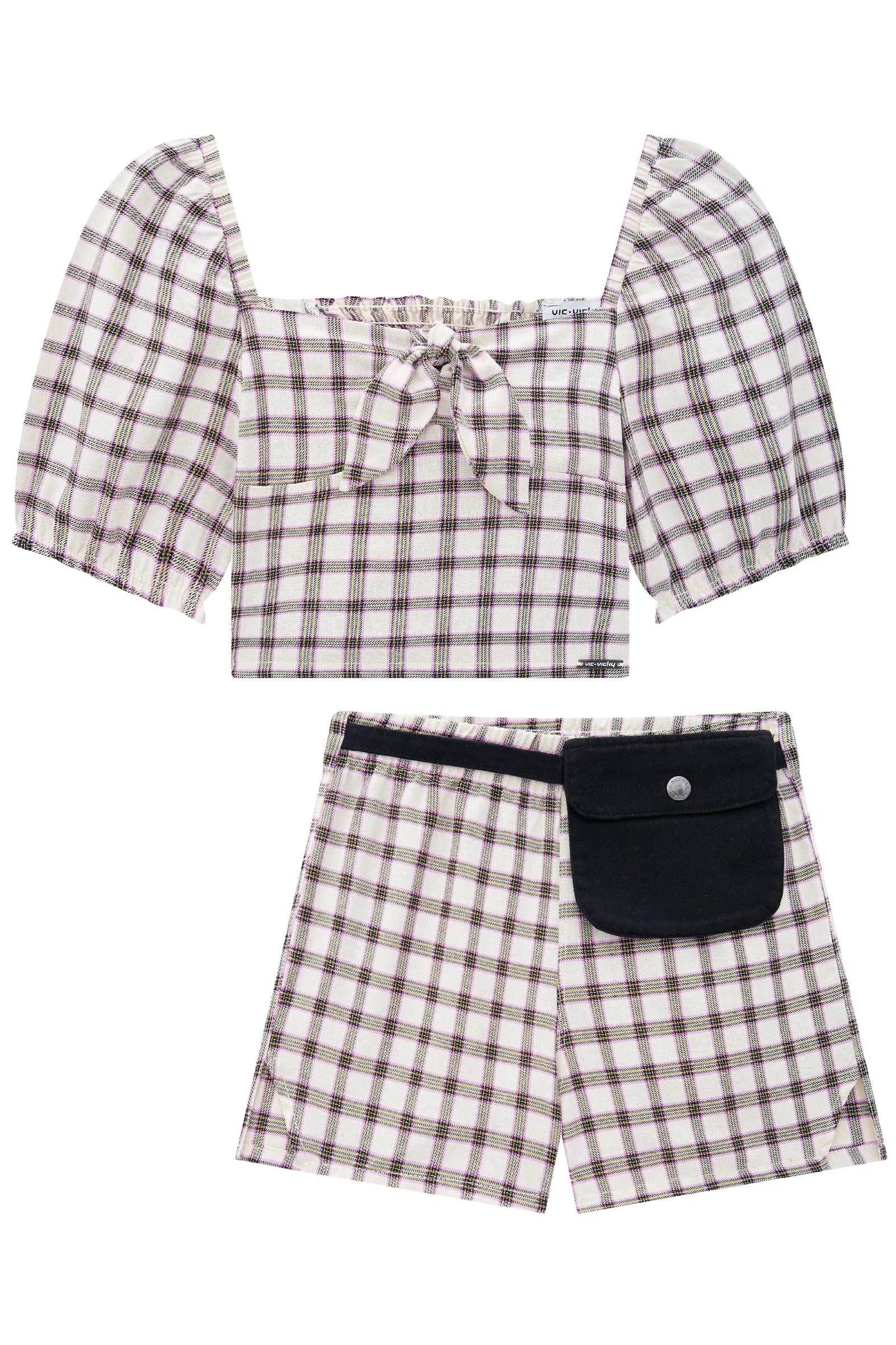 Conjunto de Blusa Cropped e Shorts em Check Oasis 75008 Vic&Vicky