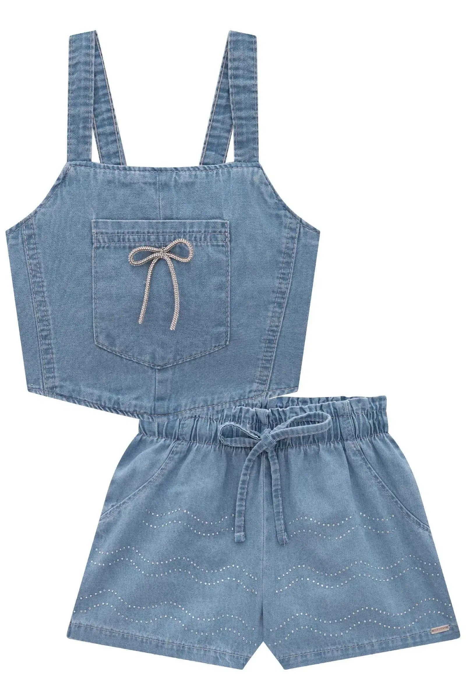 Conjunto Infantil de Blusa Cropped e Shorts em Jeans Teca 81637 Infanti