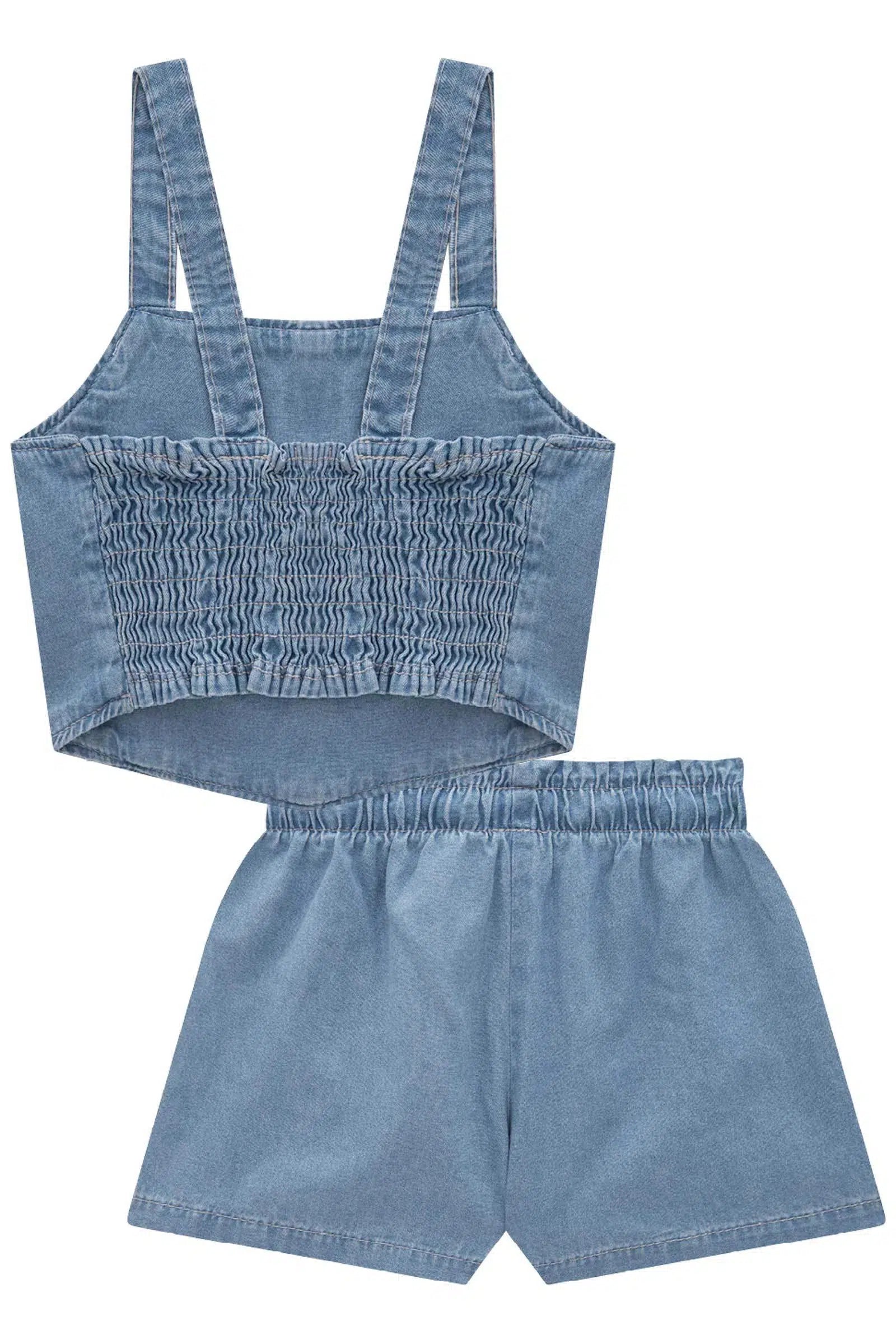 Conjunto Infantil de Blusa Cropped e Shorts em Jeans Teca 81637 Infanti