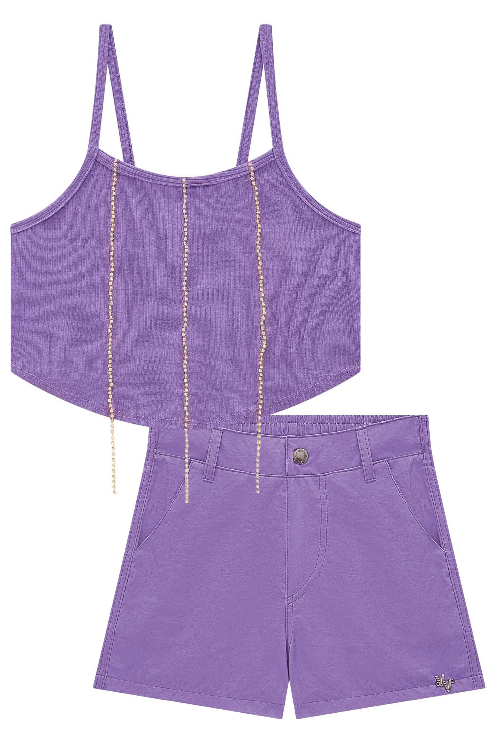 Conjunto de Blusa Cropped em Canelado Maui e Shorts em Cupro 75000 Vic&Vicky