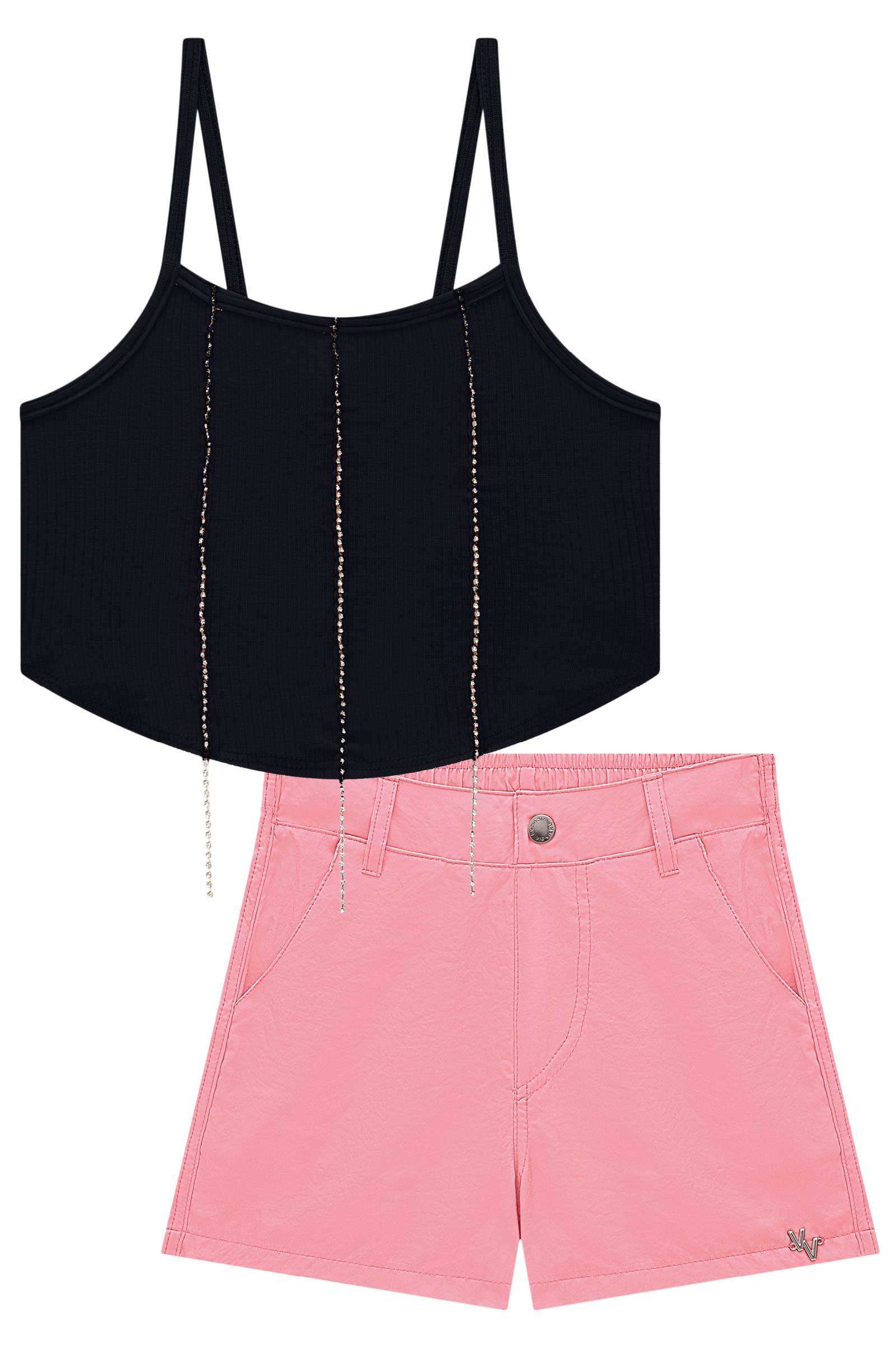 Conjunto de Blusa Cropped em Canelado Maui e Shorts em Cupro 75000 Vic&Vicky