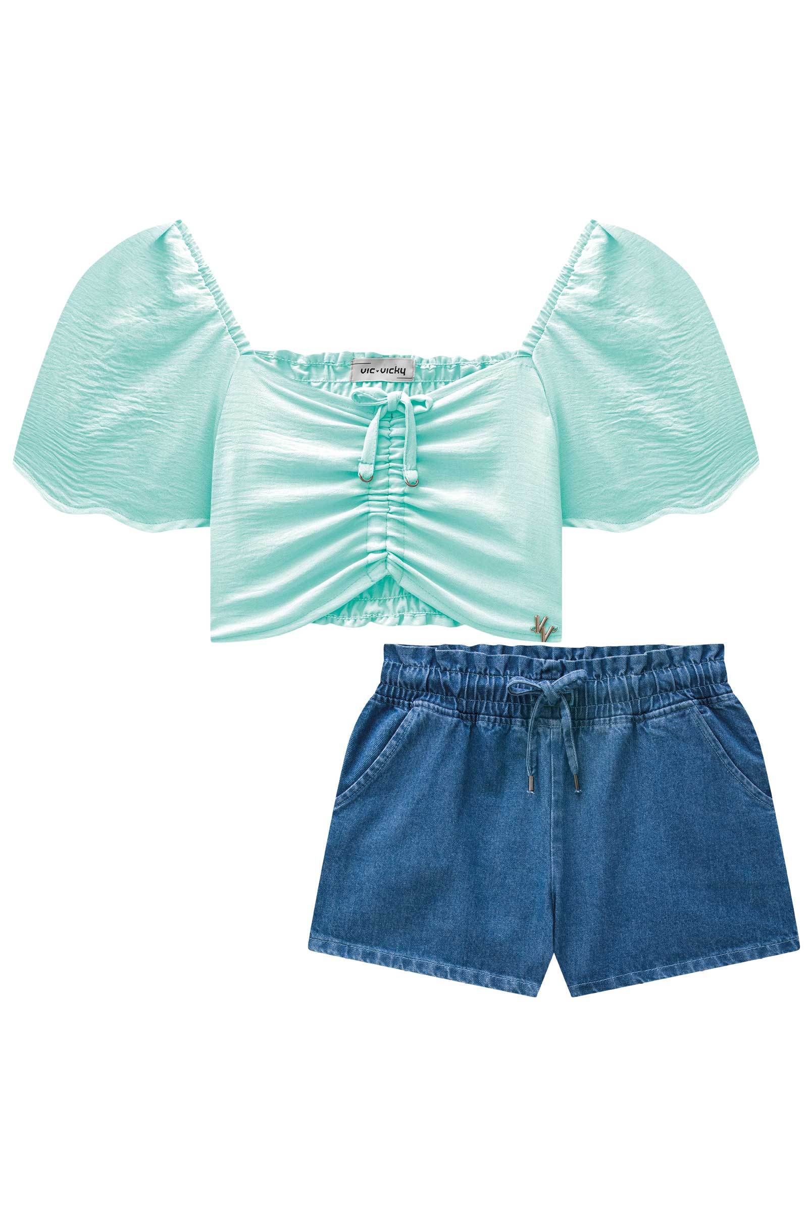 Conjunto de Blusa Cropped em Corsica e Shorts em Tecido 100% Algodão 75271 Vic&Vicky