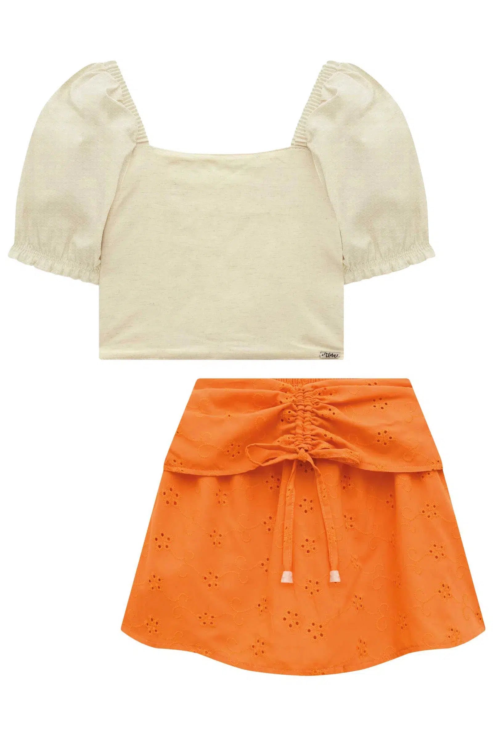 Conjunto de Blusa Cropped em Linho com Saia em Laise 76875 Infanti