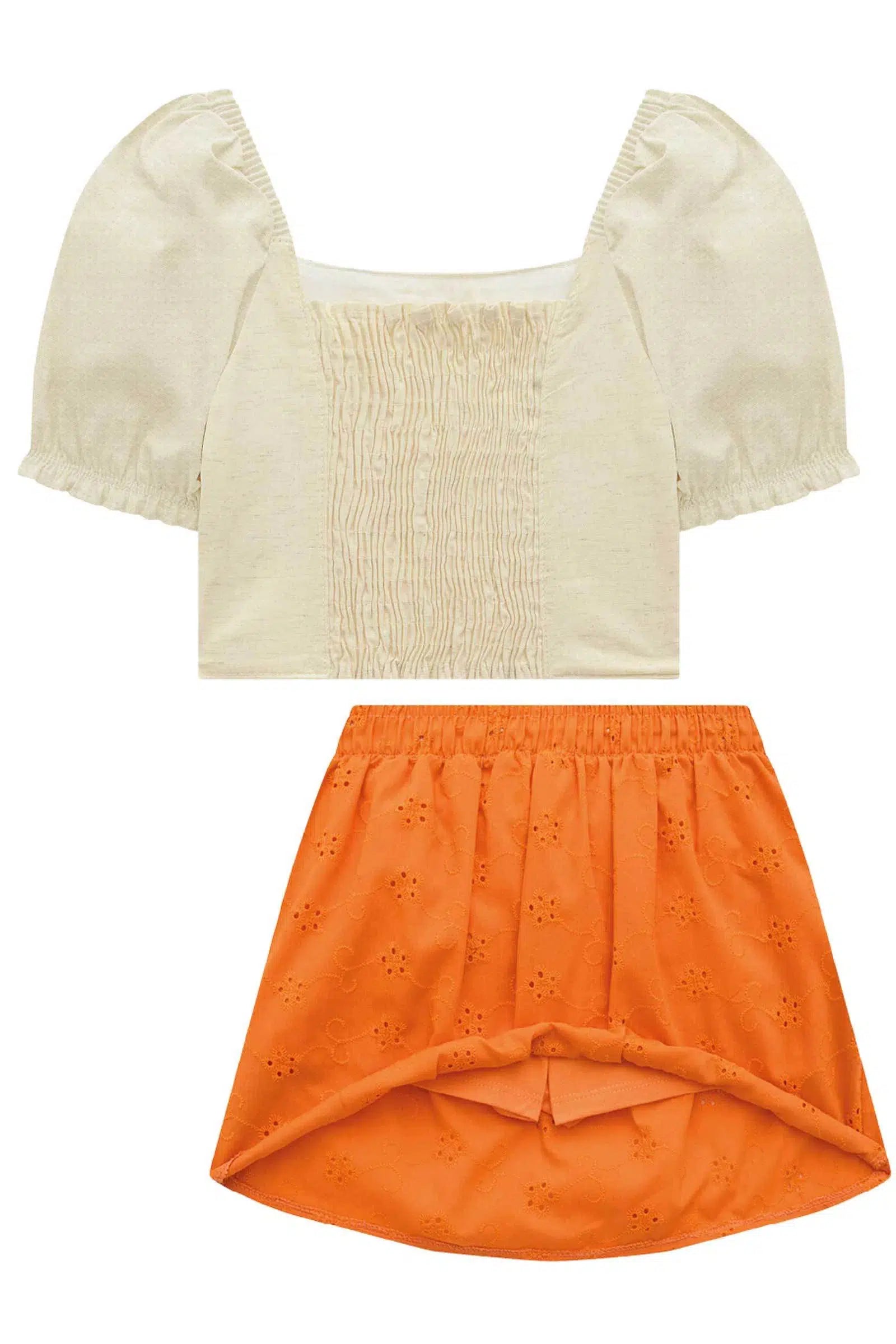 Conjunto de Blusa Cropped em Linho com Saia em Laise 76875 Infanti