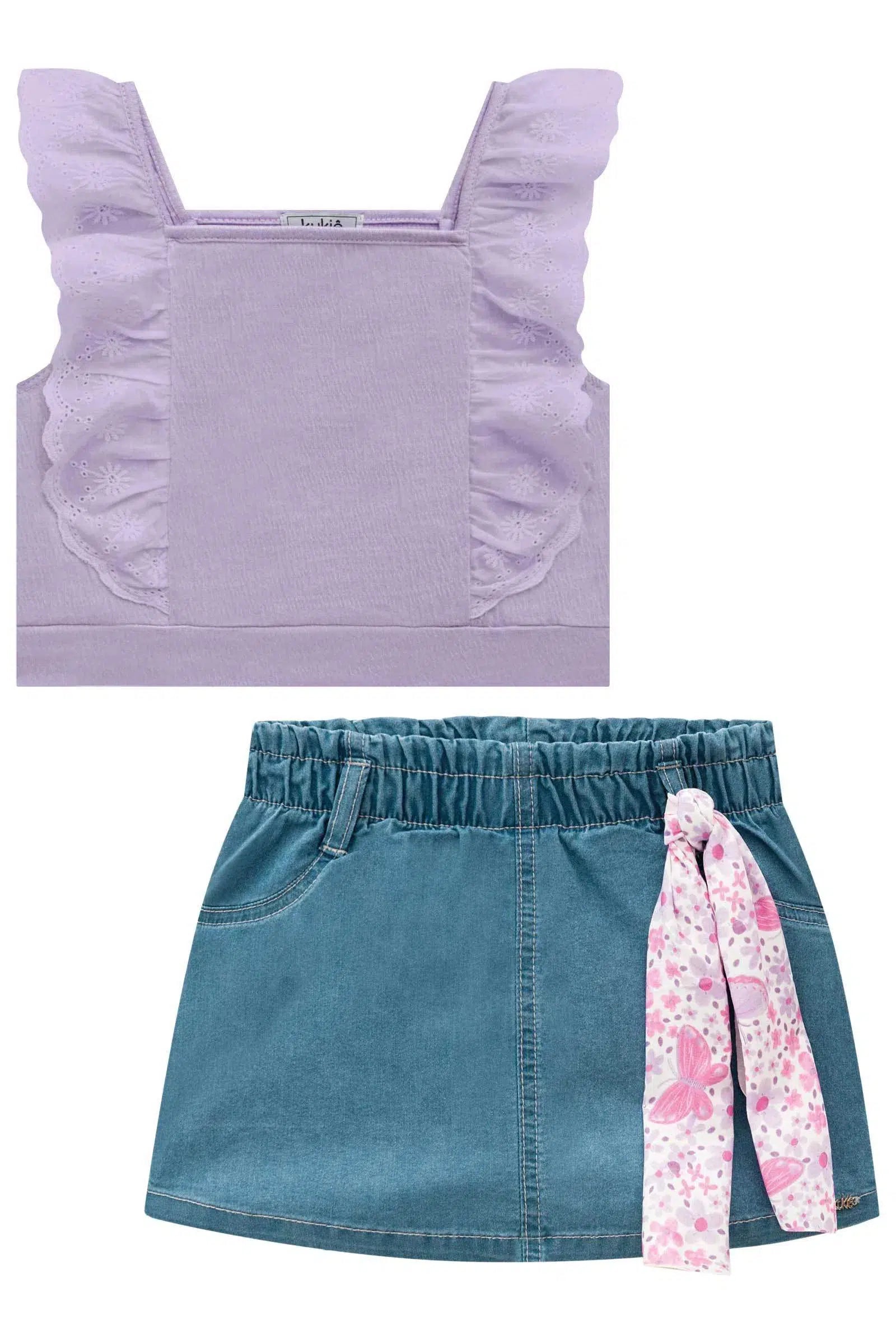 Conjunto de Blusa Cropped em Malha Elastic e Shorts Saia em Jeans Liz 72756 Kukiê