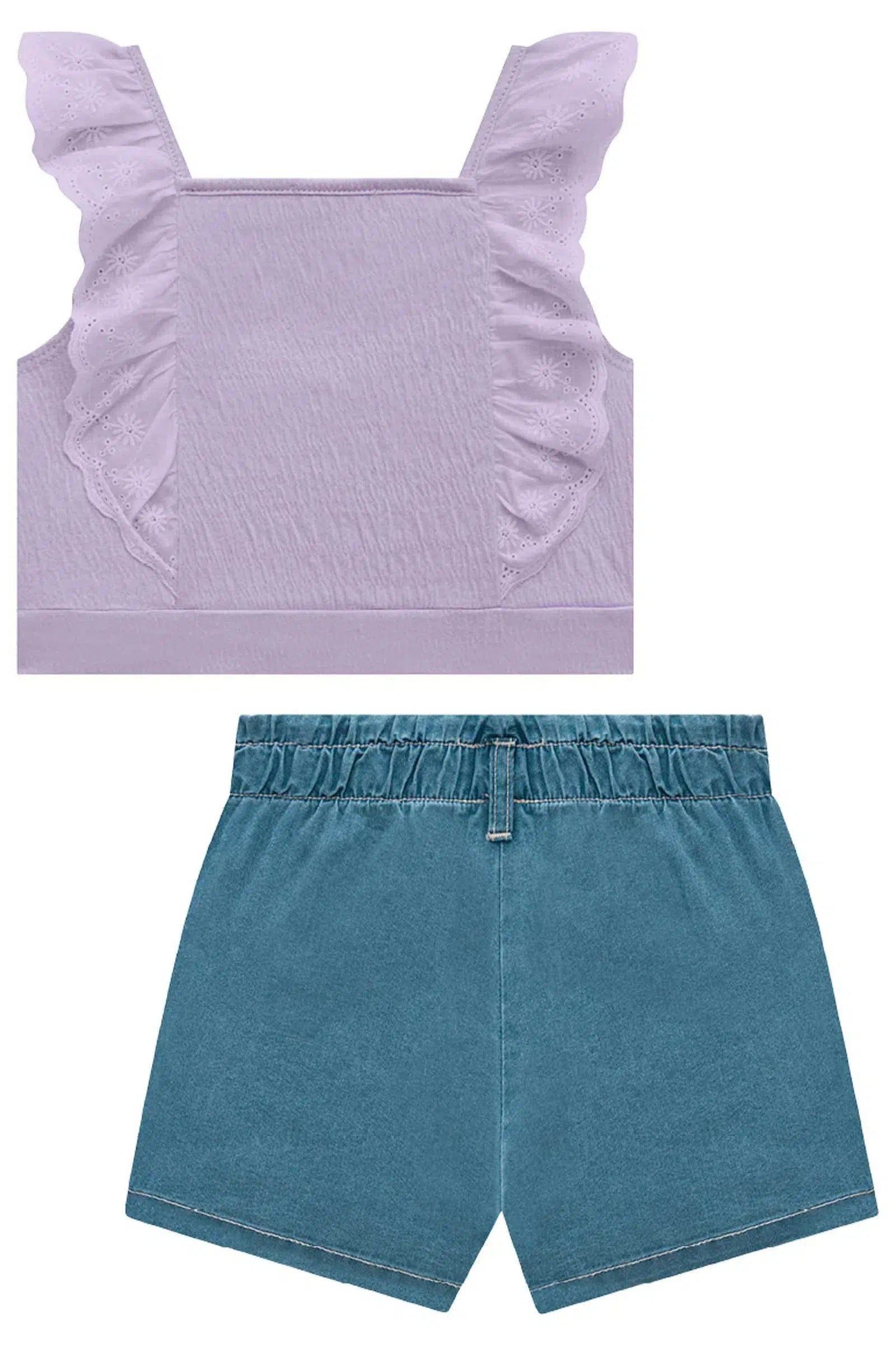 Conjunto de Blusa Cropped em Malha Elastic e Shorts Saia em Jeans Liz 72756 Kukiê