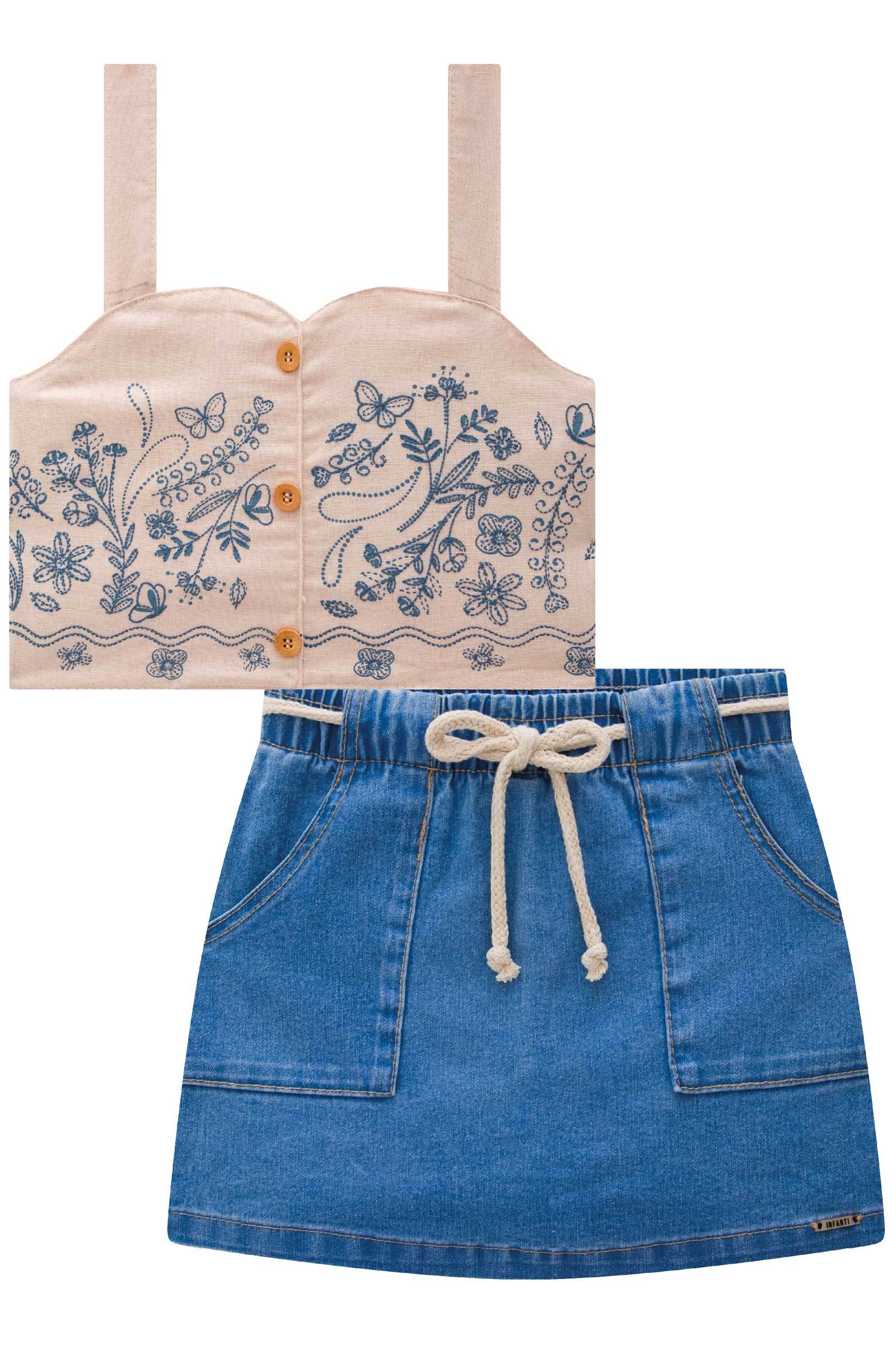 Conjunto de Blusa Cropped em New Linox e Short Saia em Jeans Bellini com Elastano 78623 Infanti