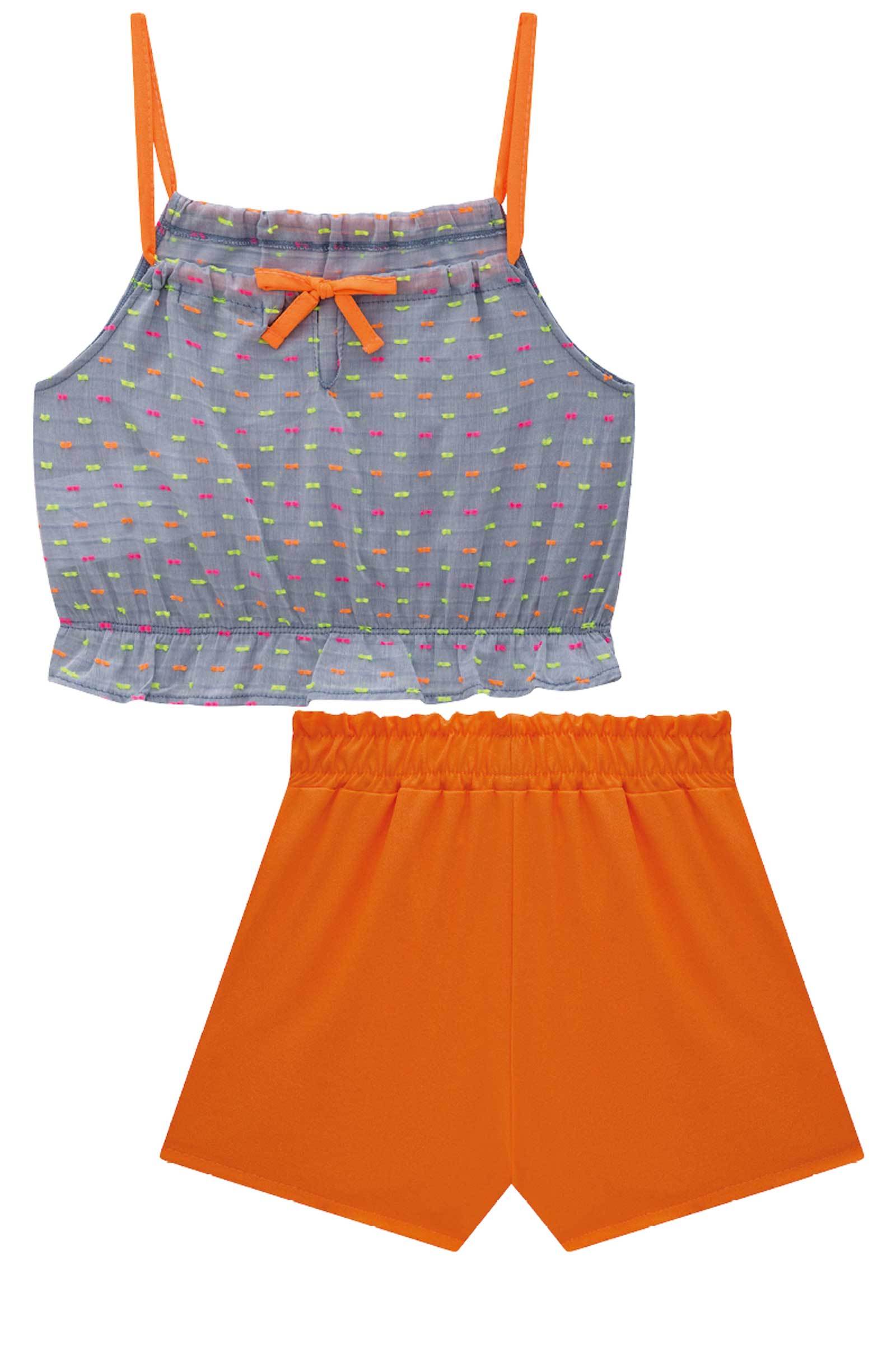 Conjunto de Blusa Cropped em Tricoline Dots e Short Saia em Crepe San Peter 78022 Kukiê