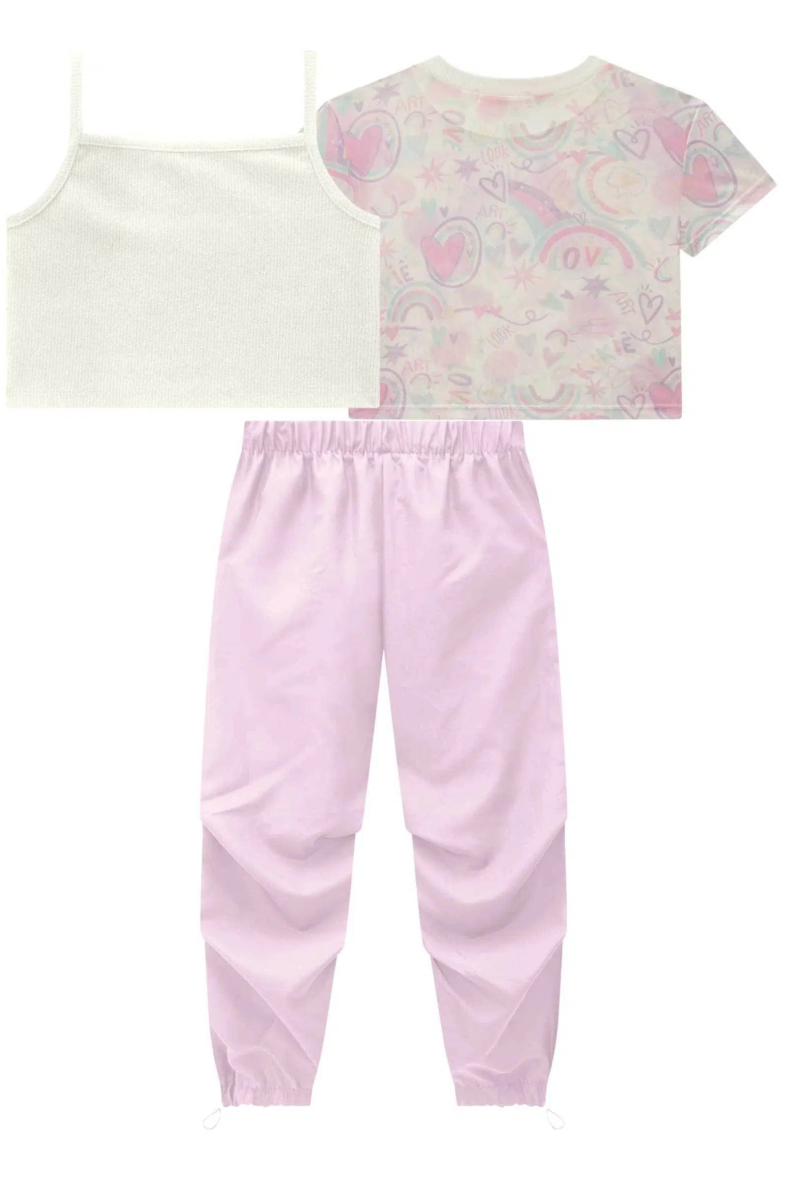 Conjunto Infantil Menina de Blusa Cropped em Tule com Elastano Top em Canelado e Calça Parachute em Nylon 82278 Kukiê