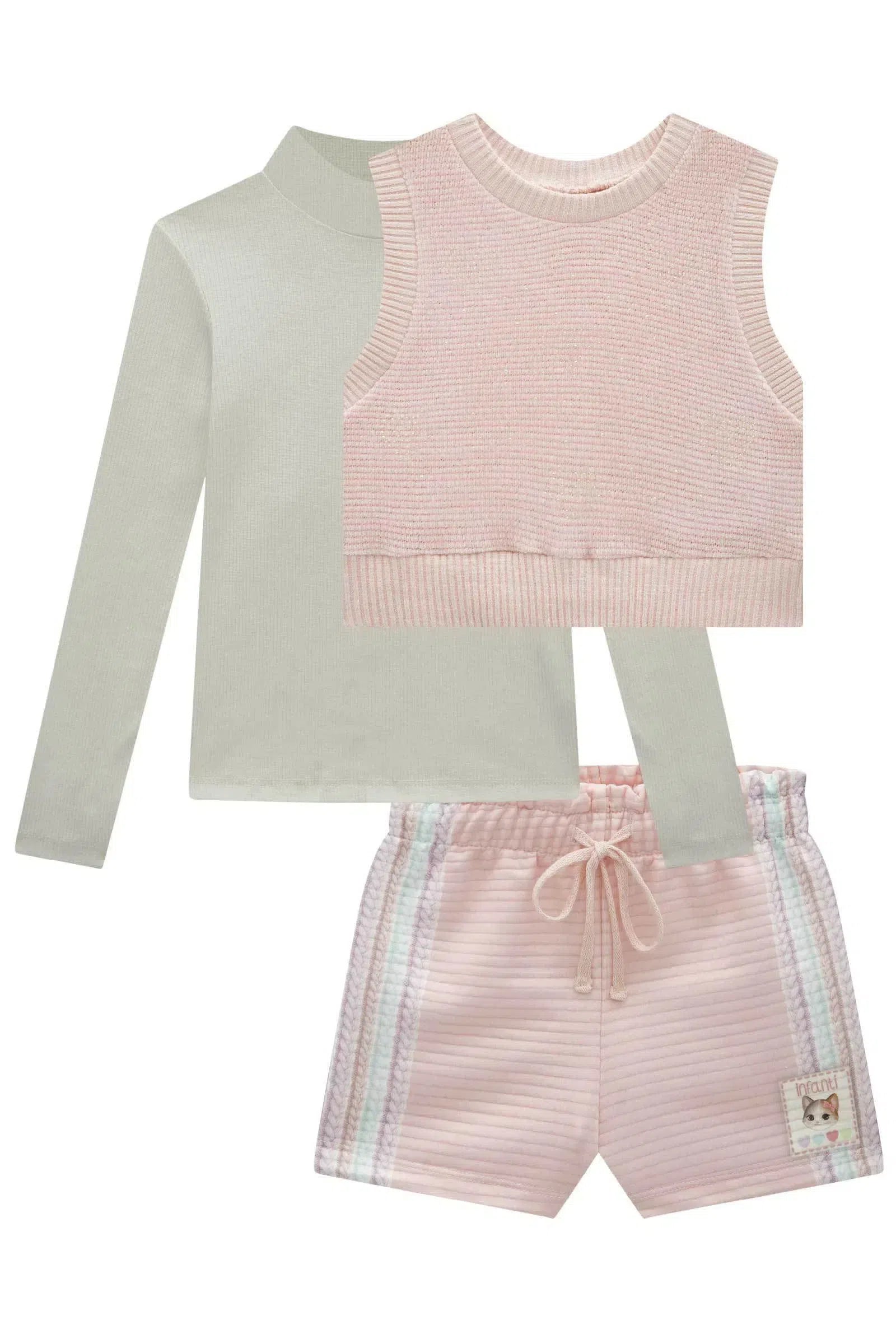 Conjunto de Blusa em Canelado Colete em Malha Tricô e Shorts em Malha Canelada 80640 Infanti Infantil Menina