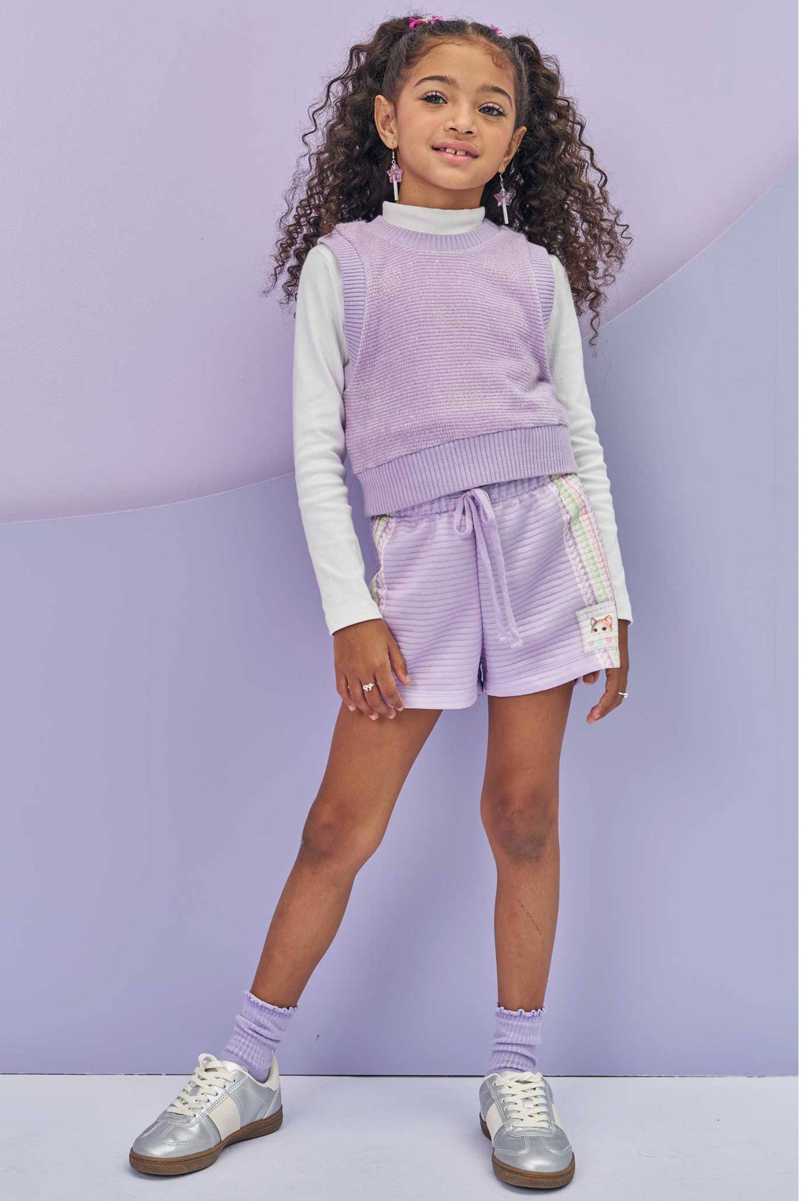 Conjunto de Blusa em Canelado Colete em Malha Tricô e Shorts em Malha Canelada 80640 Infanti Infantil Menina