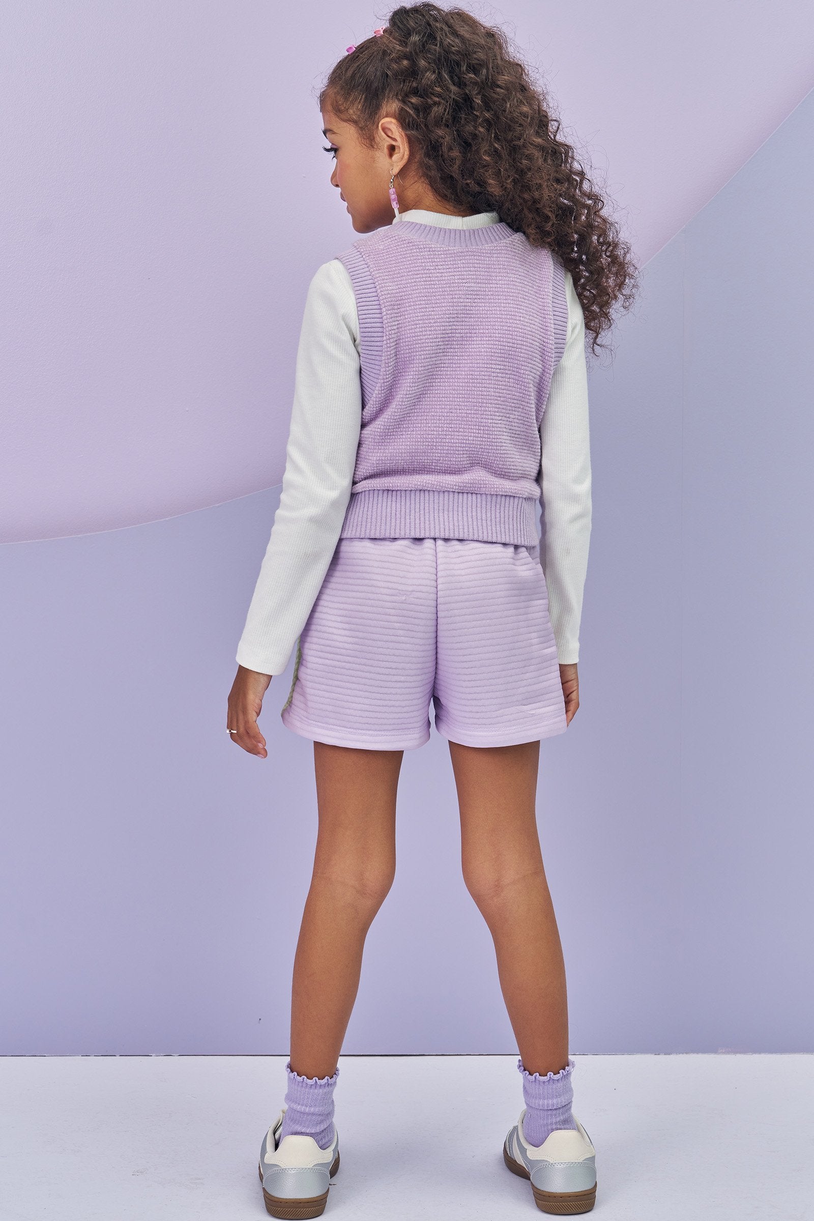 Conjunto de Blusa em Canelado Colete em Malha Tricô e Shorts em Malha Canelada 80640 Infanti Infantil Menina