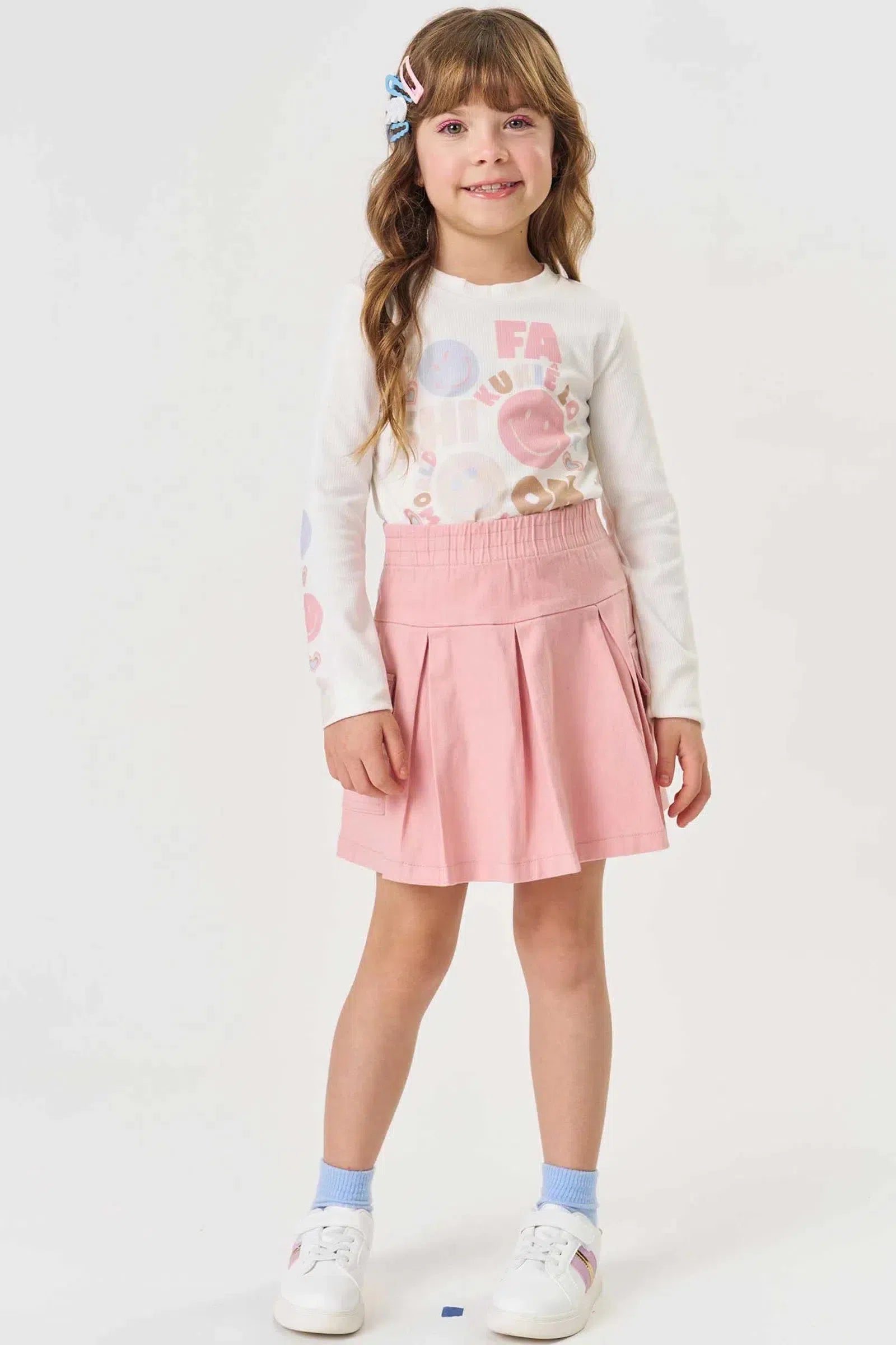 Conjunto de Blusa em Canelado e Saia em Sarja com Elastano (com Shorts Embutido) 81916 Kukiê Infantil Menina