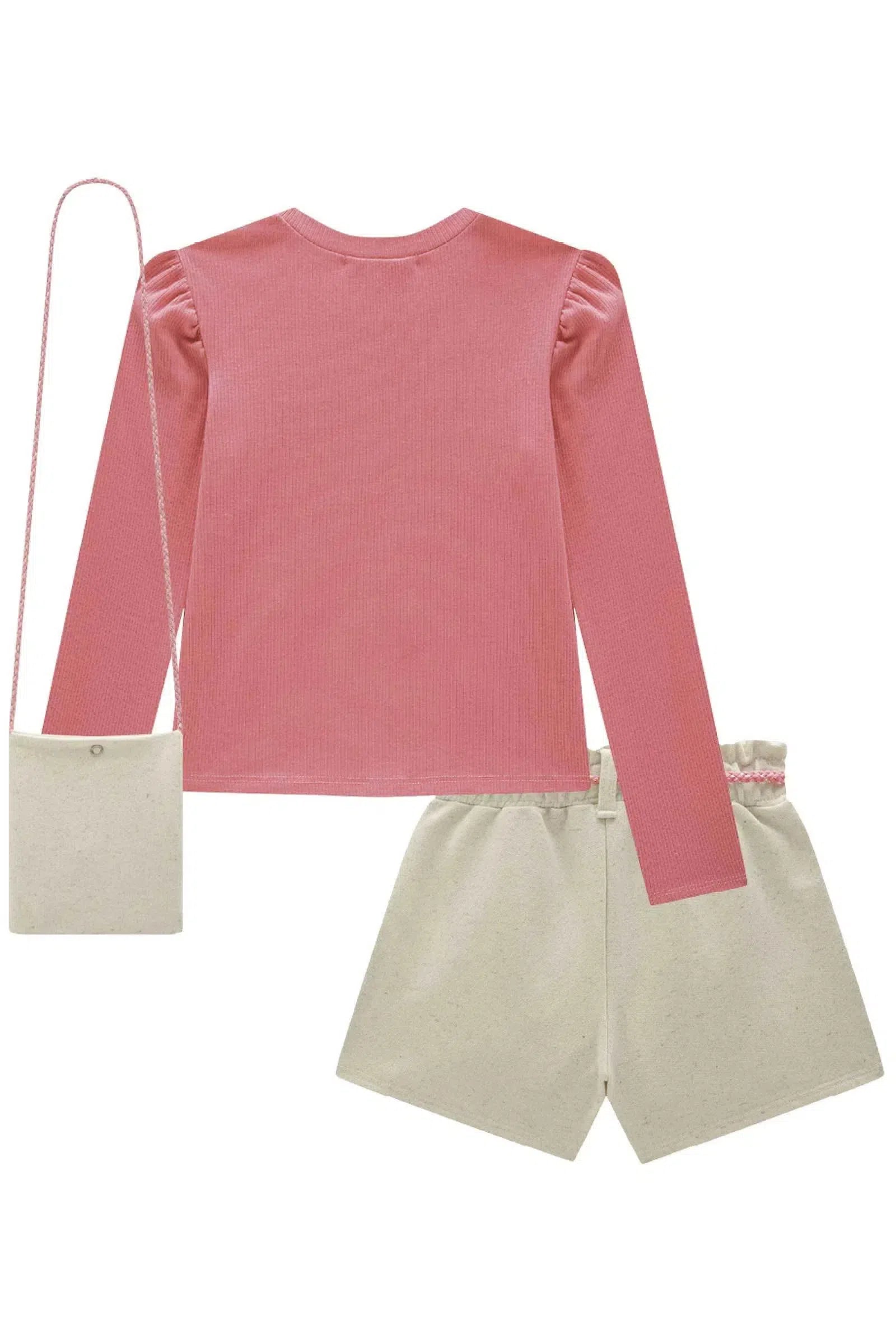 Conjunto de Blusa em Canelado e Short Saia em Moletom Linho (acompanha Bolsa) 81089 Kukiê Infantil Menina