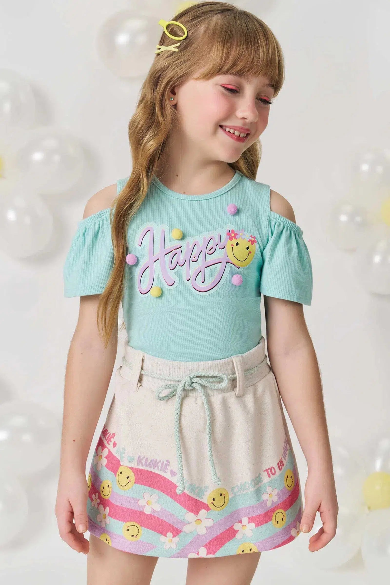 Conjunto Infantil Menina de Blusa em Canelado e Short Saia em Moletom sem Pelúcia 82263 Kukiê