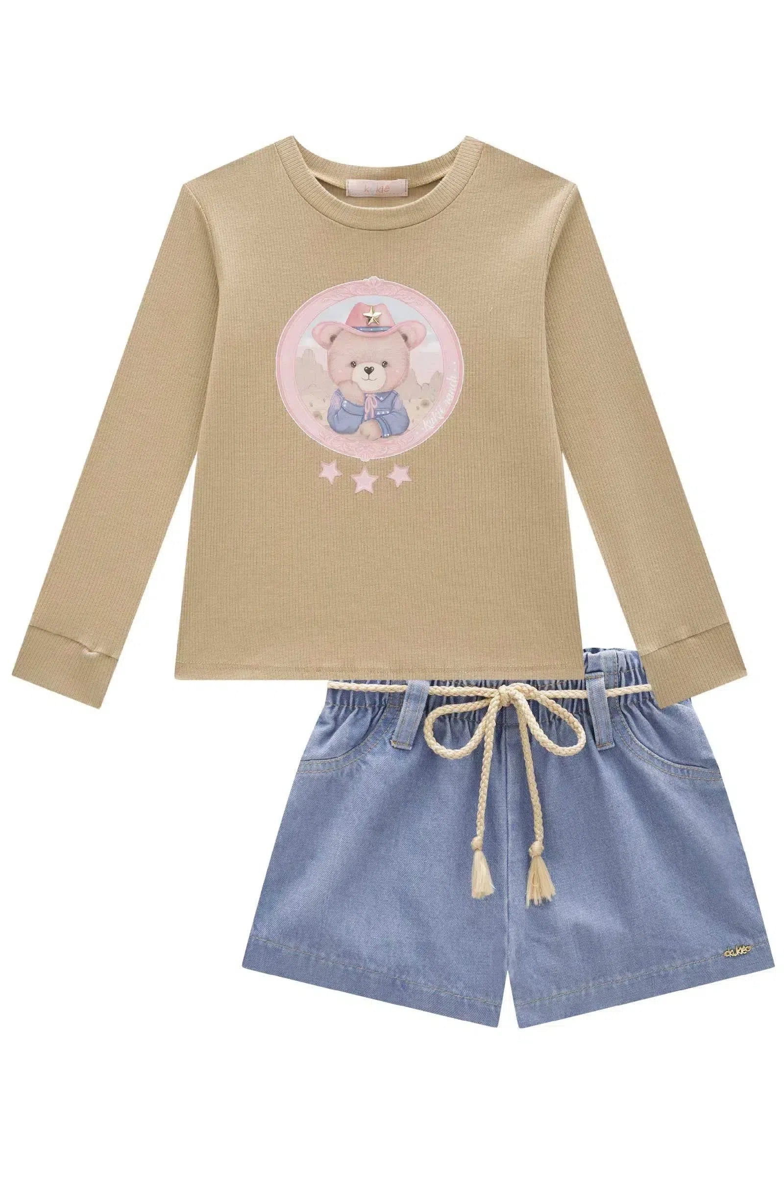 Conjunto de Blusa em Canelado e Shorts em Jeans 80476 Kukiê Infantil Menina