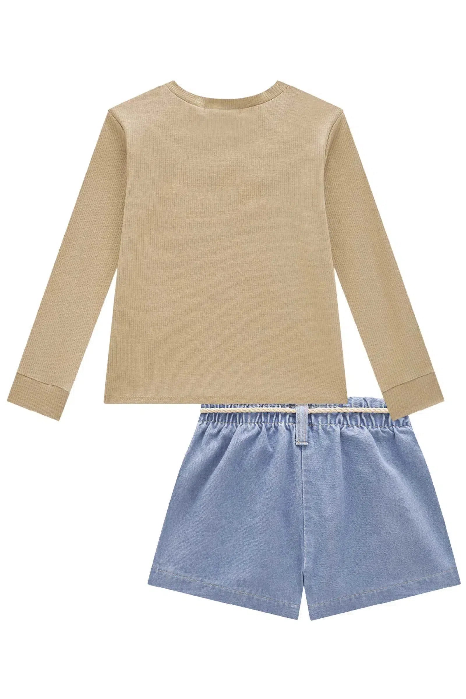 Conjunto de Blusa em Canelado e Shorts em Jeans 80476 Kukiê Infantil Menina