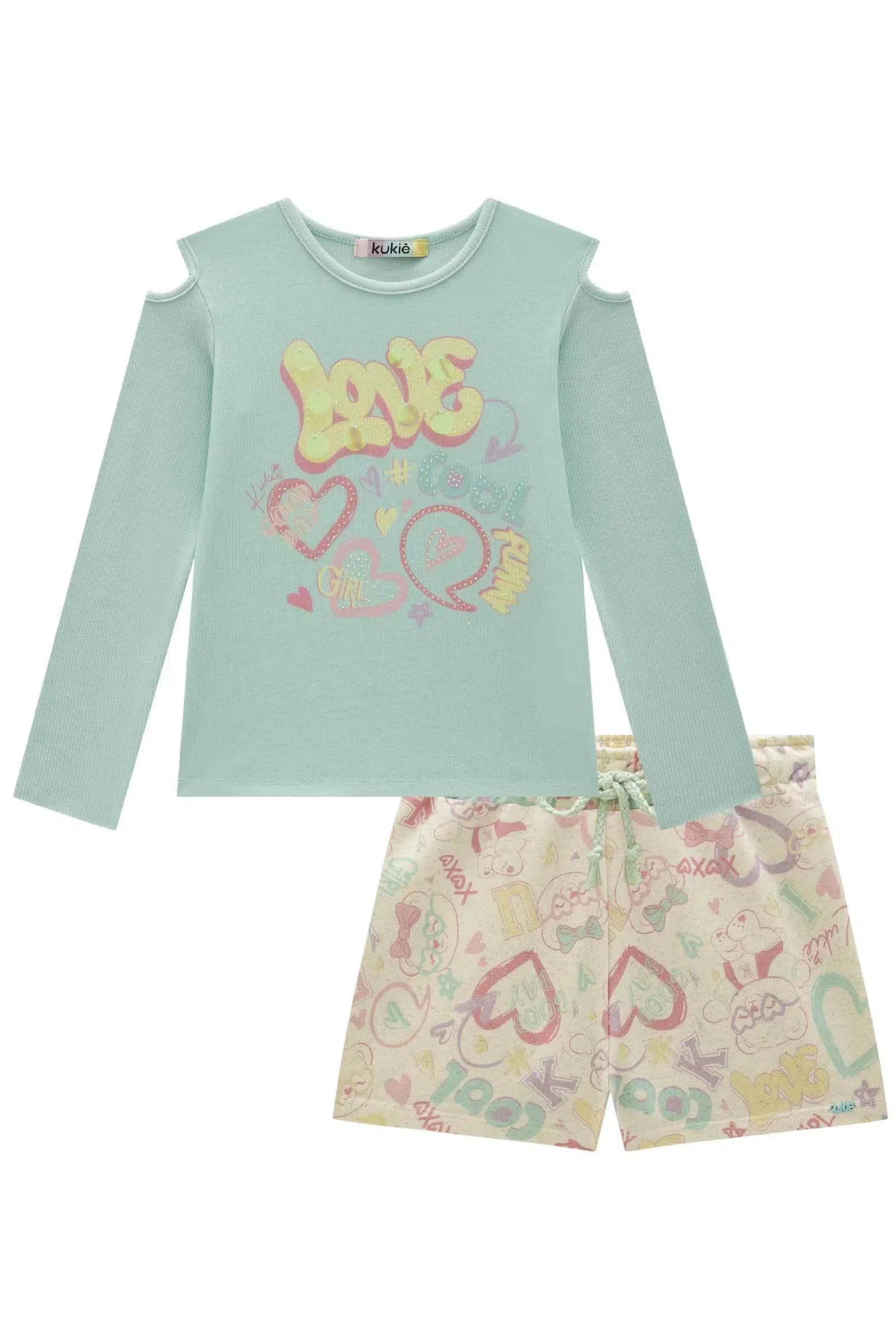 Conjunto de Blusa em Canelado e Shorts em Moletom Linho sem Pelúcia 80142 Kukiê Infantil Menina