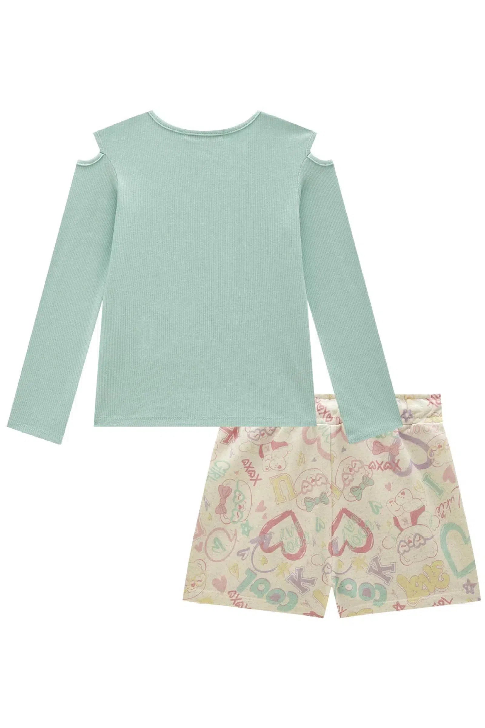 Conjunto de Blusa em Canelado e Shorts em Moletom Linho sem Pelúcia 80142 Kukiê Infantil Menina