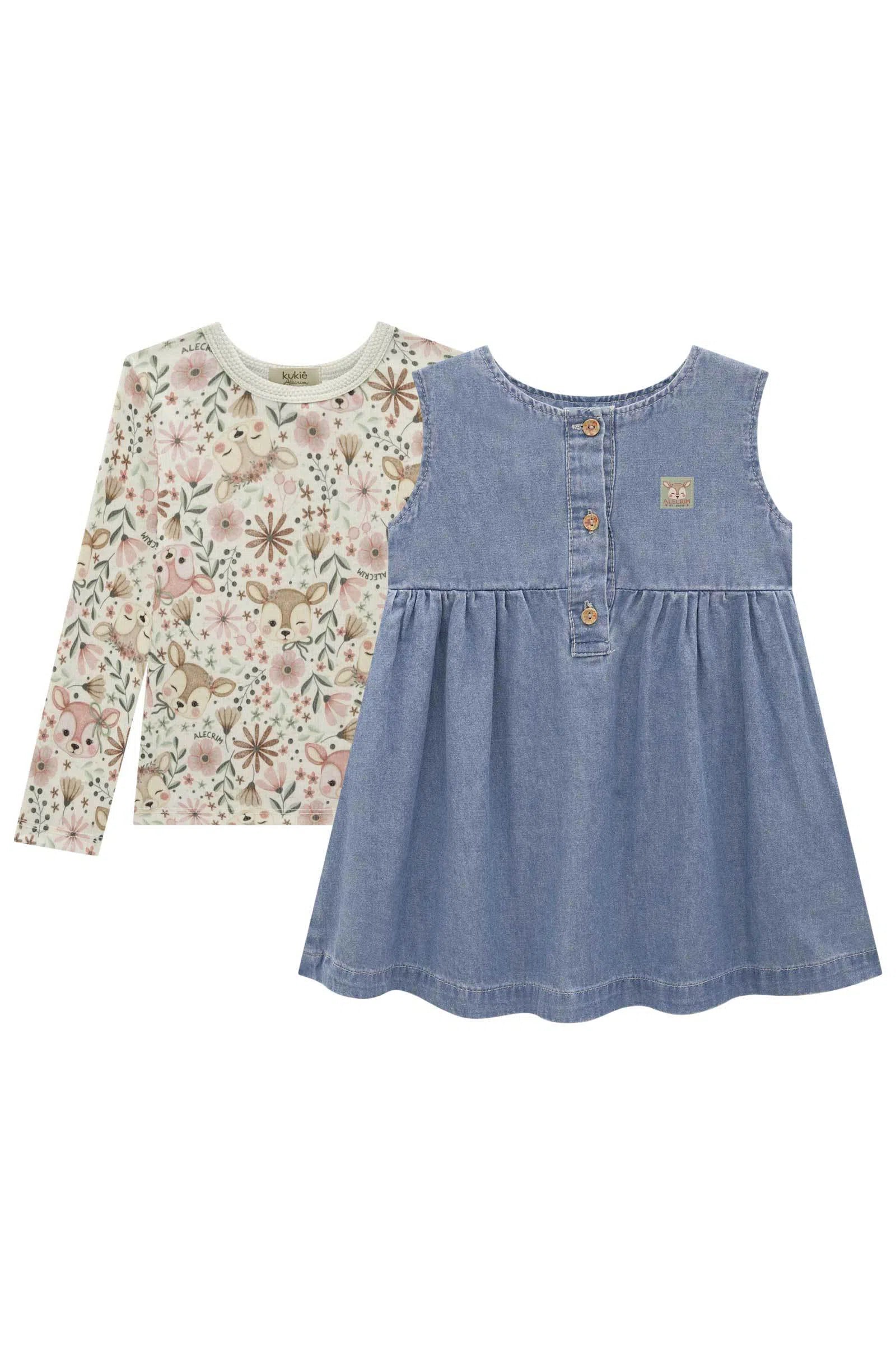 Conjunto de Blusa em Canelado e Vestido em Jeans Teca 79097 Kukiê Bebê Menina