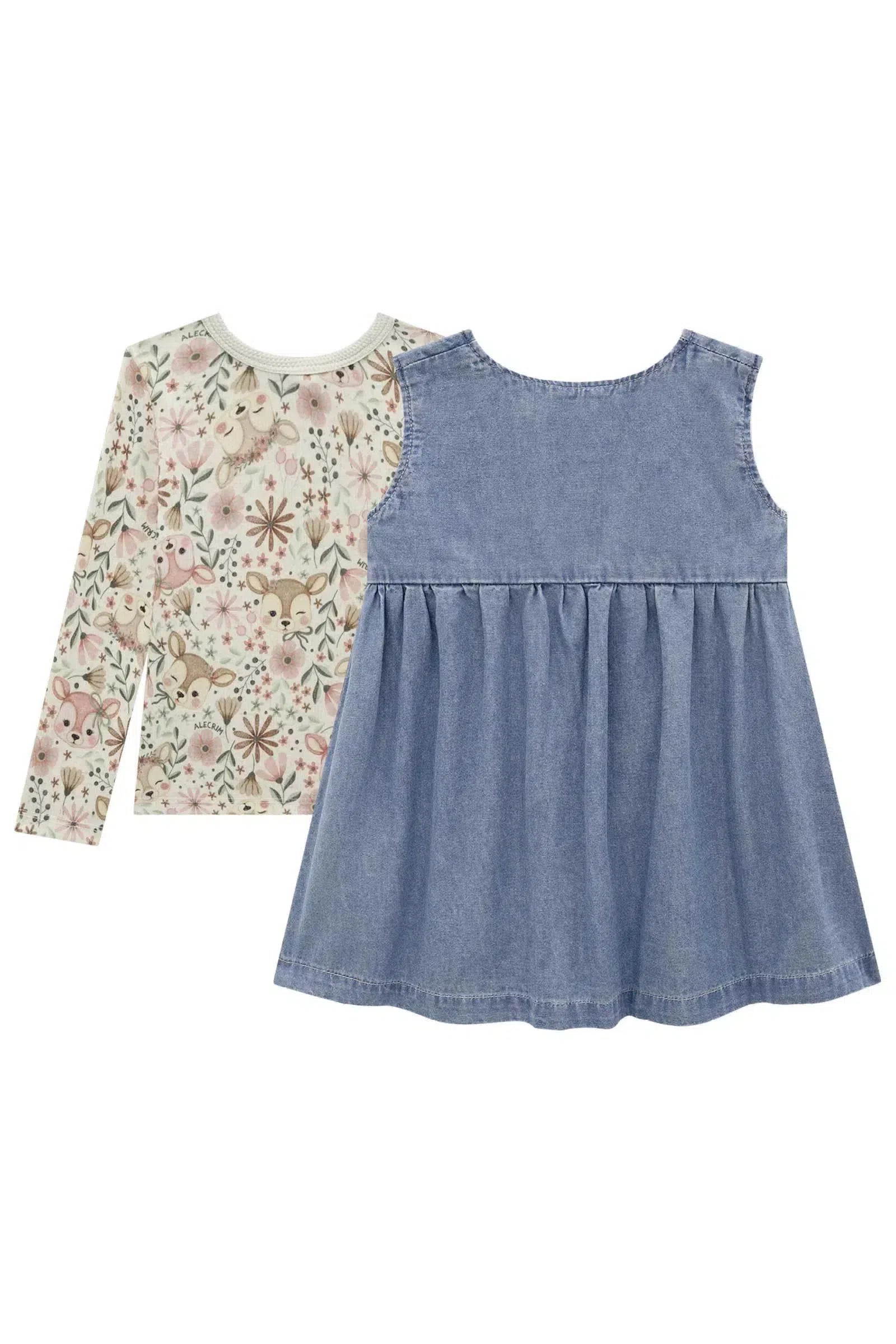 Conjunto de Blusa em Canelado e Vestido em Jeans Teca 79097 Kukiê Bebê Menina