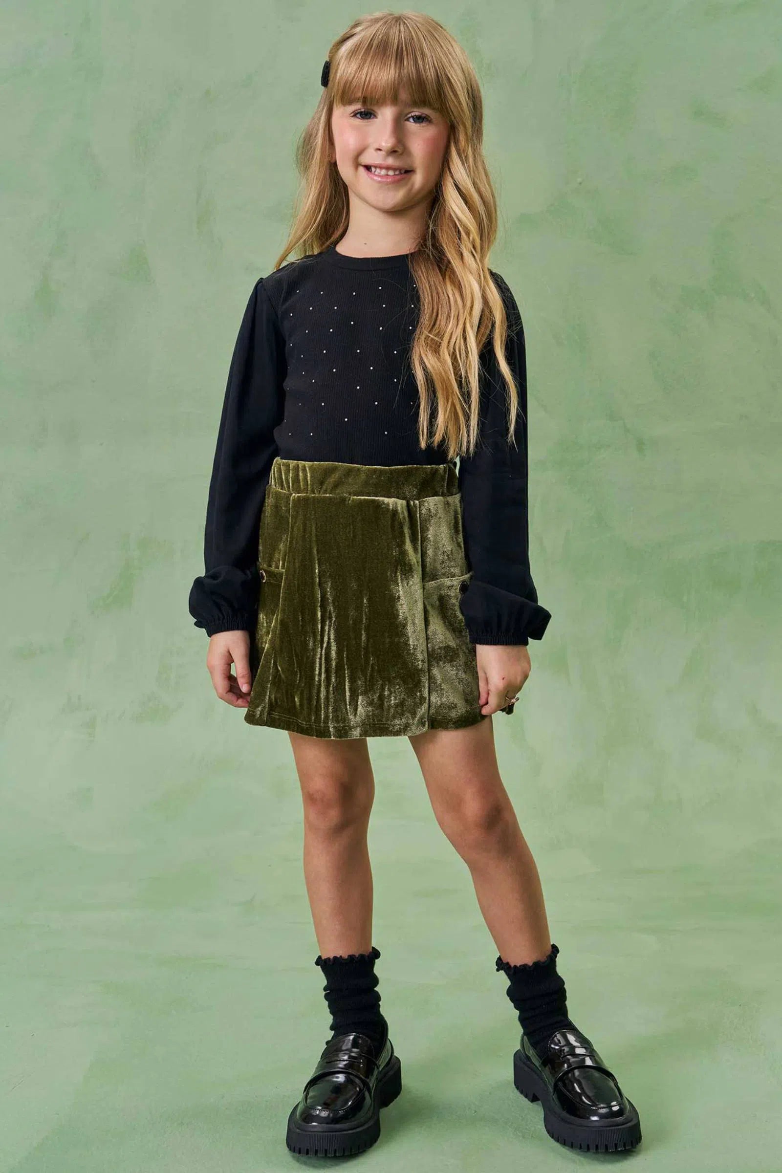 Conjunto de Blusa em Canelado e Viscose com Short Saia em Veludo Velvet 80896 Infanti Infantil Menina