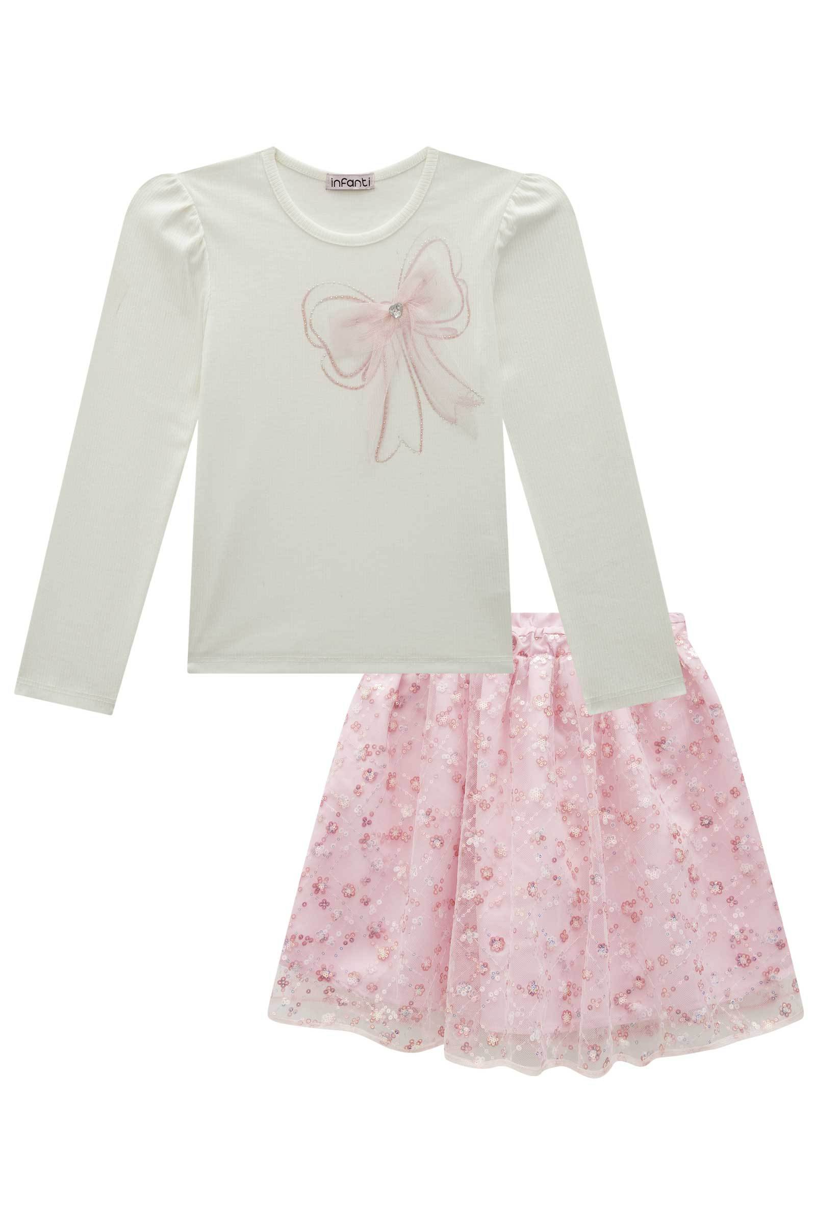 Conjunto de Blusa em Canelado Liz e Saia em Tule Bordado Paetê. Com Shorts Embutido 80139 Infanti Infantil Menina