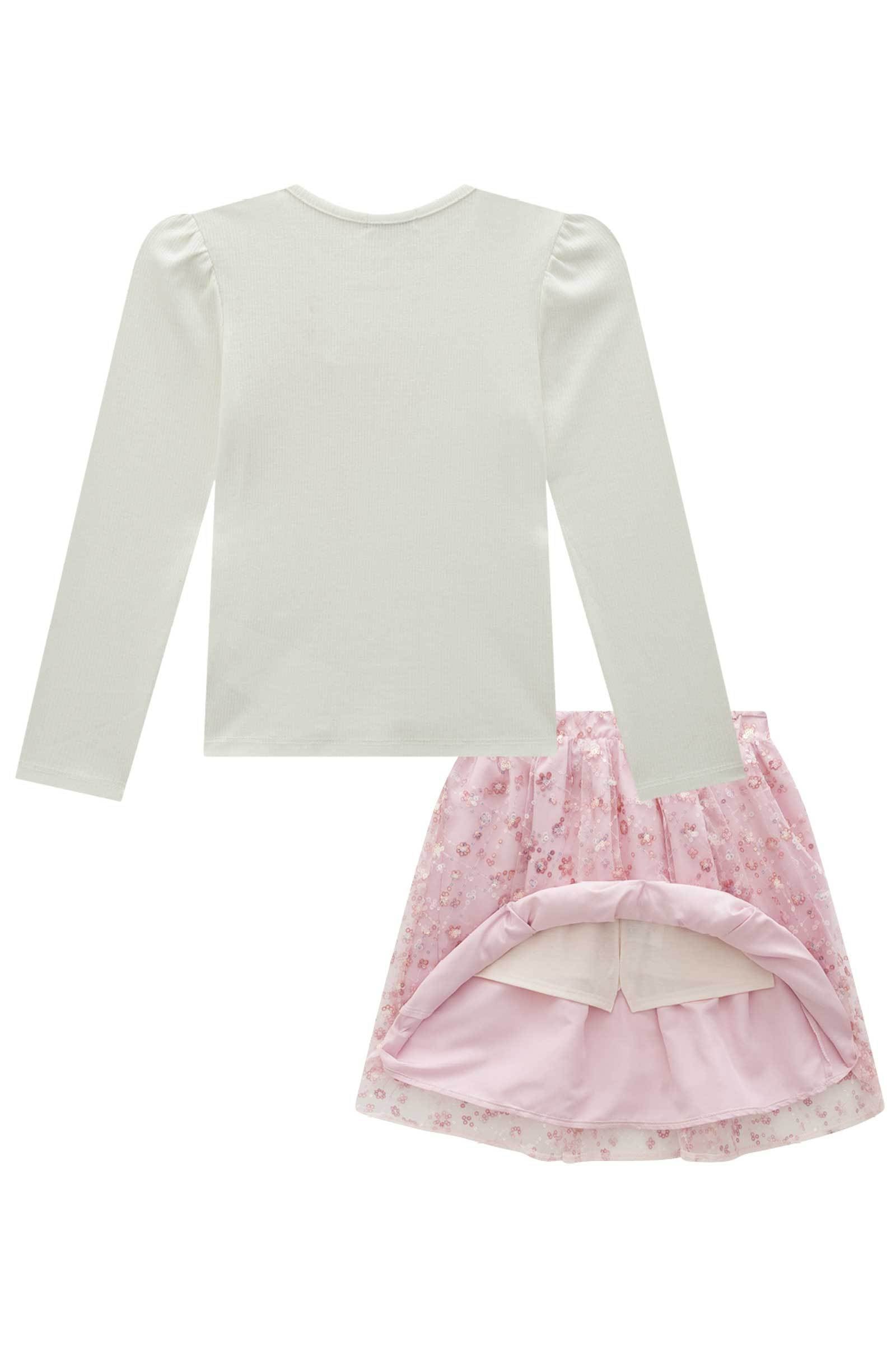 Conjunto de Blusa em Canelado Liz e Saia em Tule Bordado Paetê. Com Shorts Embutido 80139 Infanti Infantil Menina