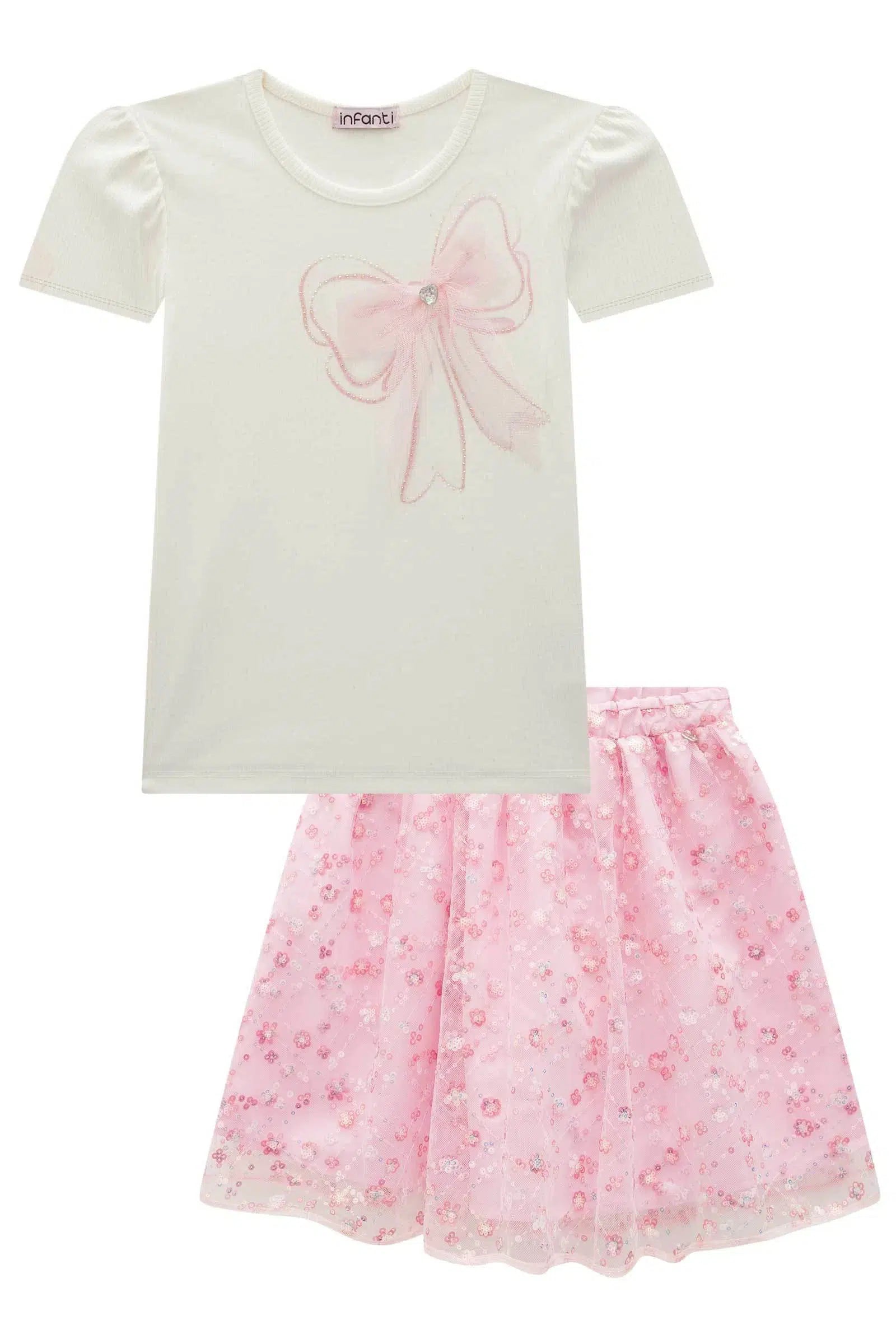 Conjunto Infantil de Blusa em Canelado Liz e Saia em Tule Bordado Paetê. Com Shorts Embutido 82181 Infanti