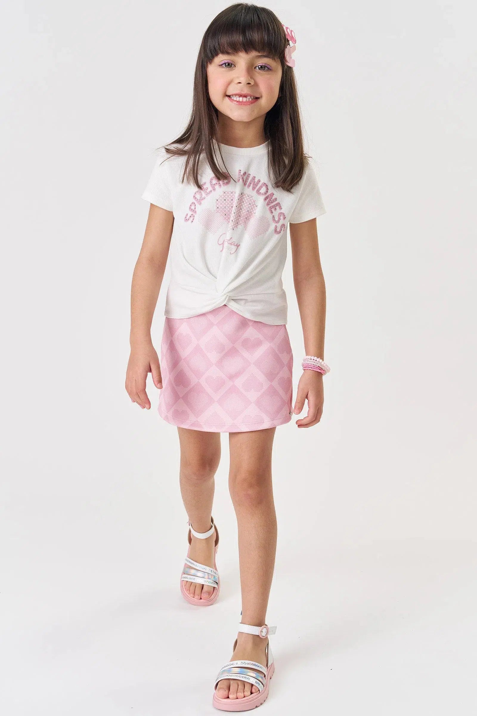 Conjunto Infantil Menina de Blusa em Canelado Liz e Short Saia em Fly Tech 82274 Kukiê