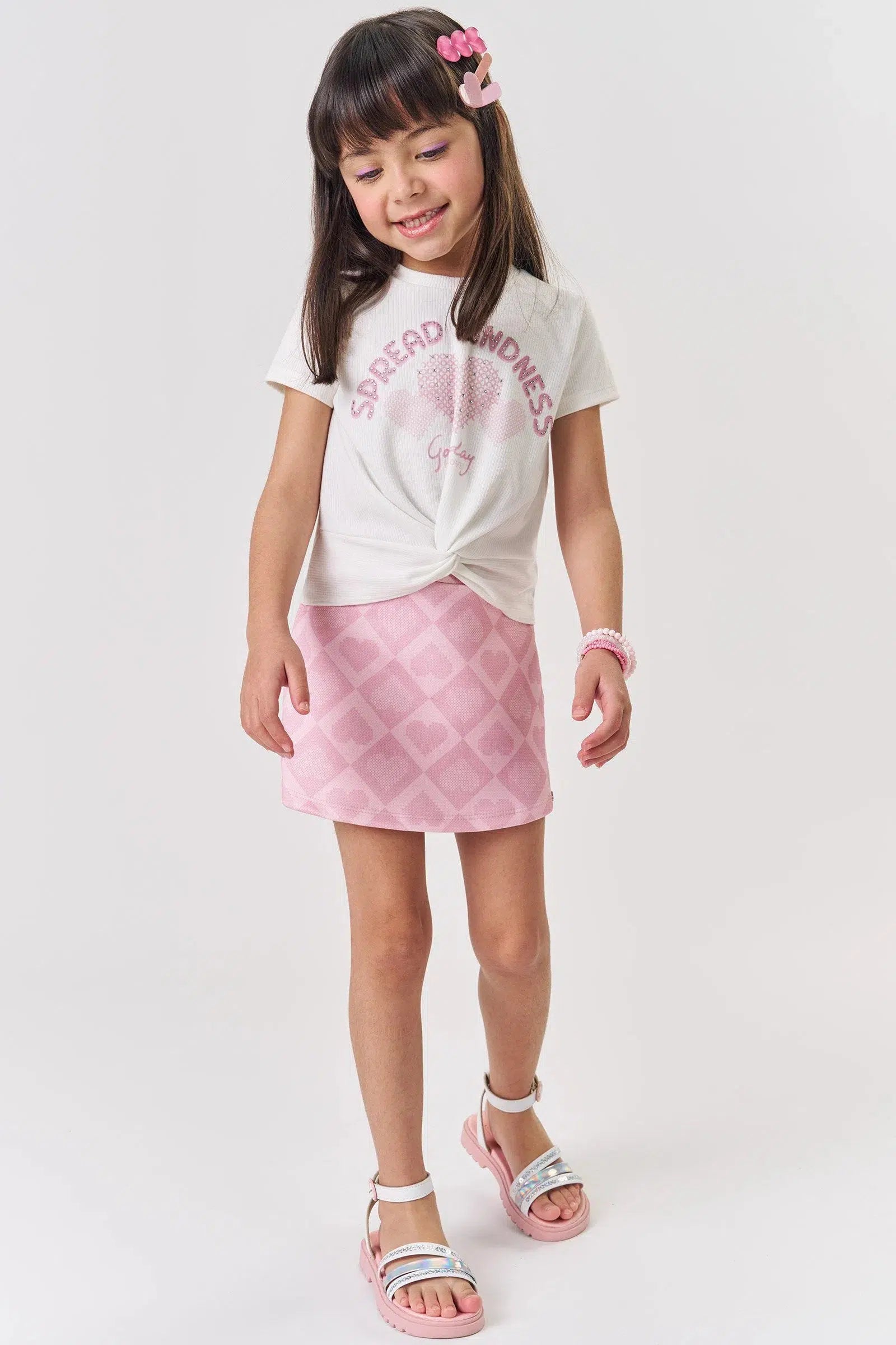 Conjunto Infantil Menina de Blusa em Canelado Liz e Short Saia em Fly Tech 82274 Kukiê