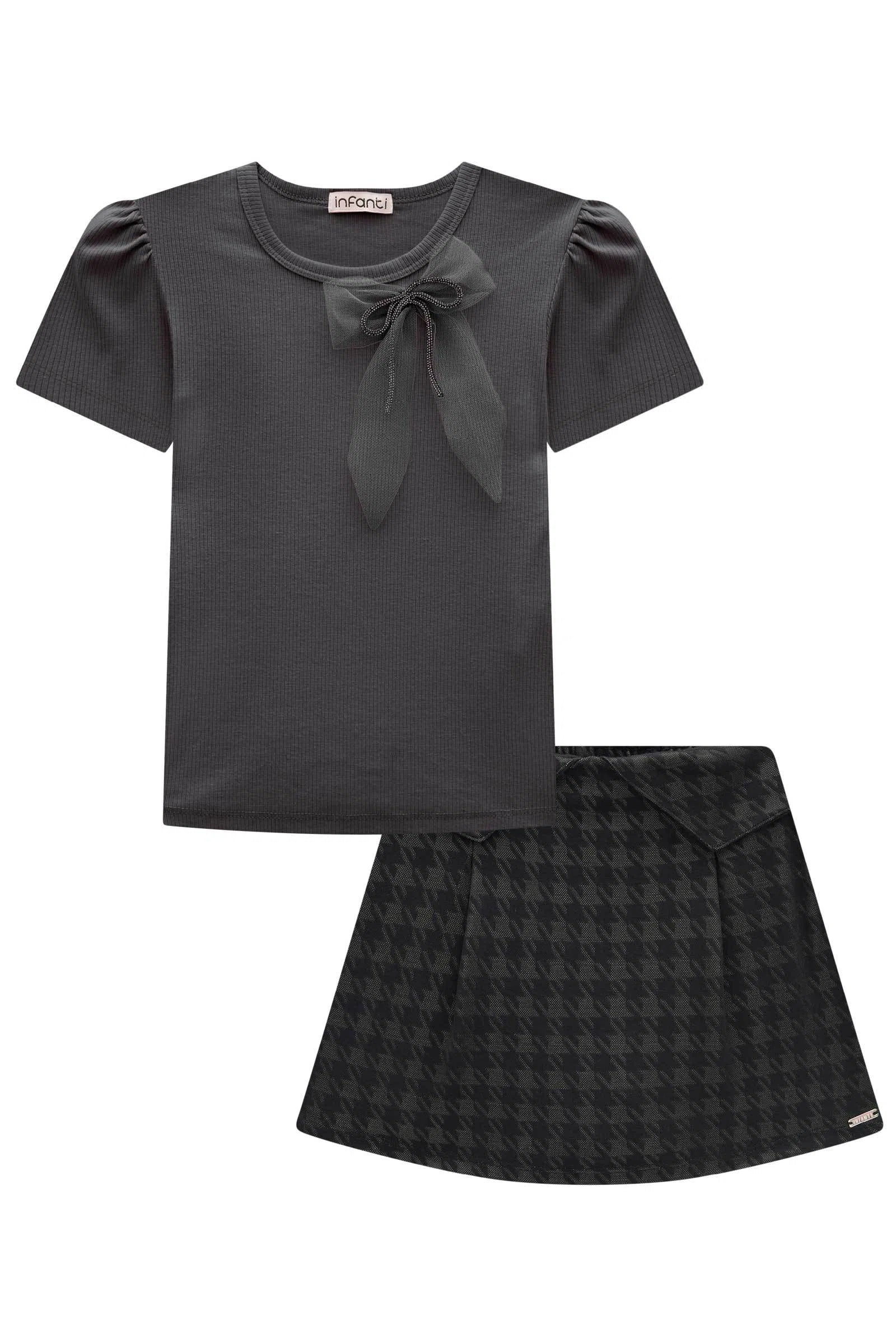 Conjunto Infantil de Blusa em Canelado Liz e Short Saia em Malha Pied Poule 82215 Infanti