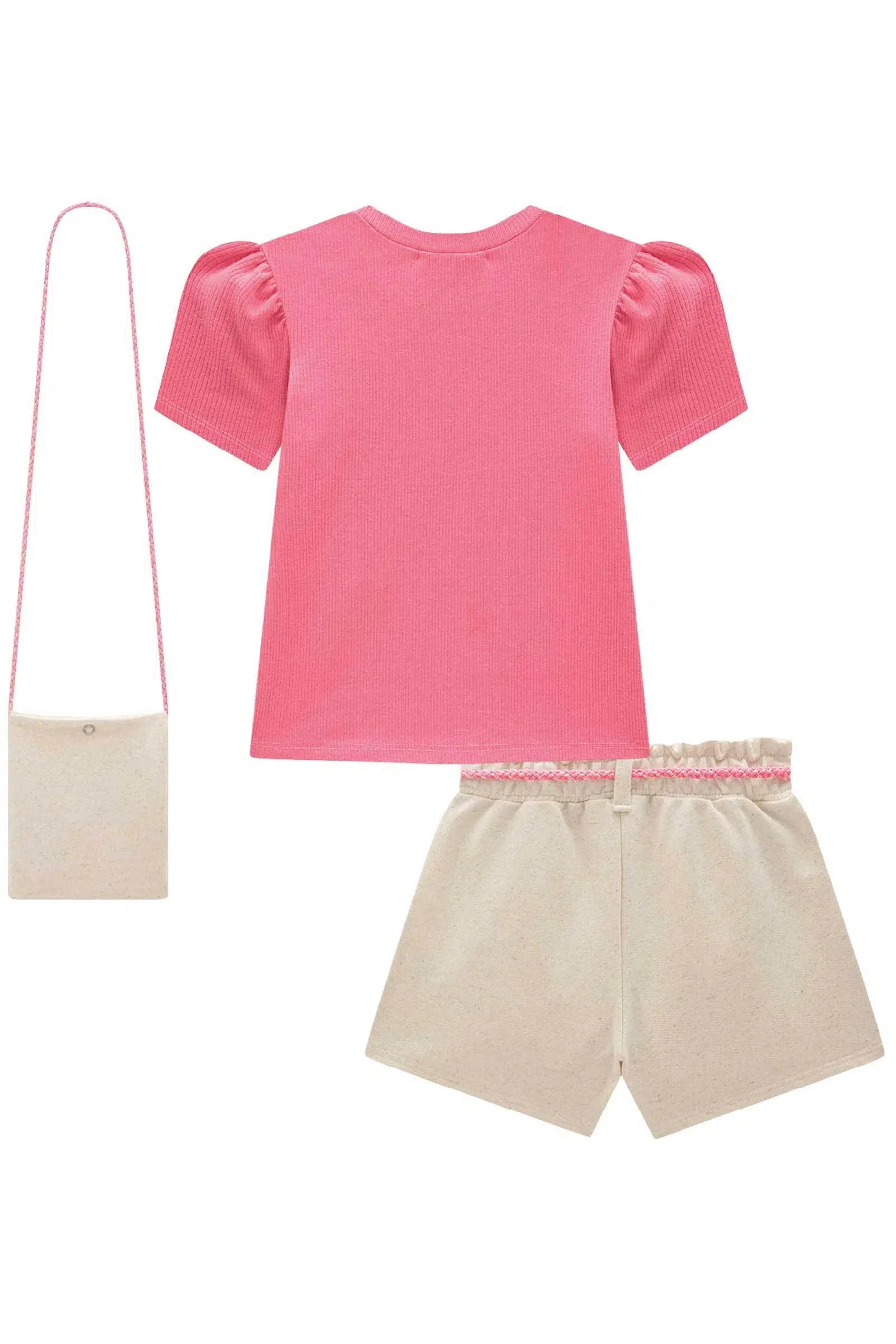 Conjunto Infantil Menina de Blusa em Canelado Liz e Short Saia em Moletom sem Pelúcia (acompanha Bolsa) 82269 Kukiê