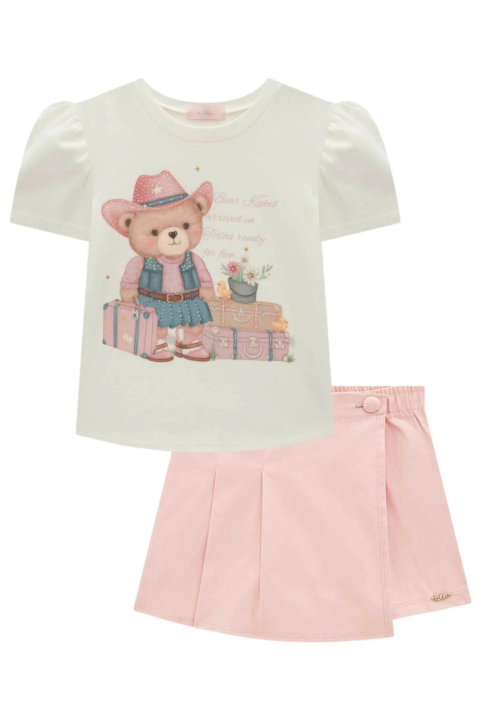 Conjunto Infantil Menina de Blusa em Canelado Liz e Short Saia em Sarja com Elastano 82391 Kukiê