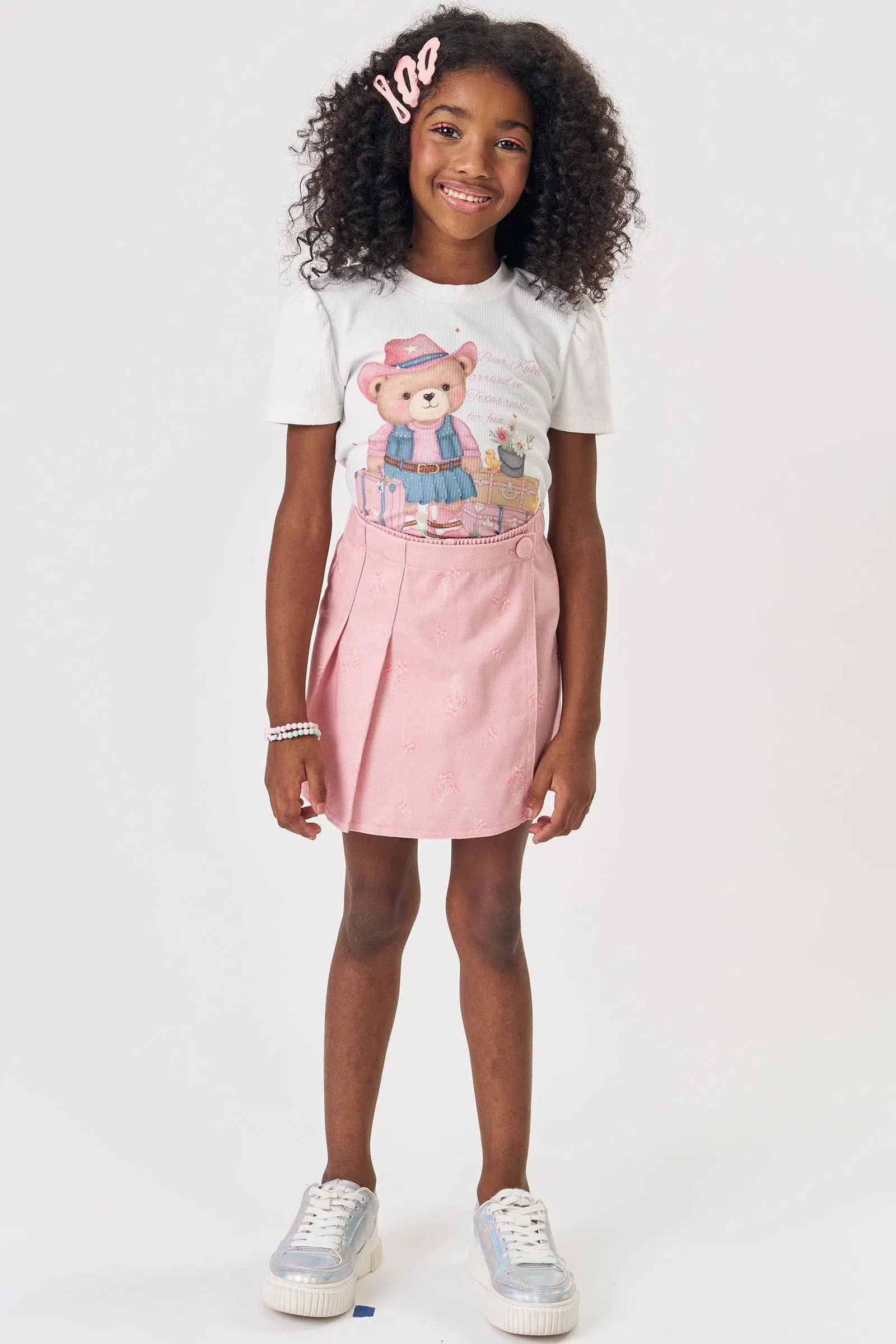 Conjunto Infantil Menina de Blusa em Canelado Liz e Short Saia em Sarja com Elastano 82391 Kukiê