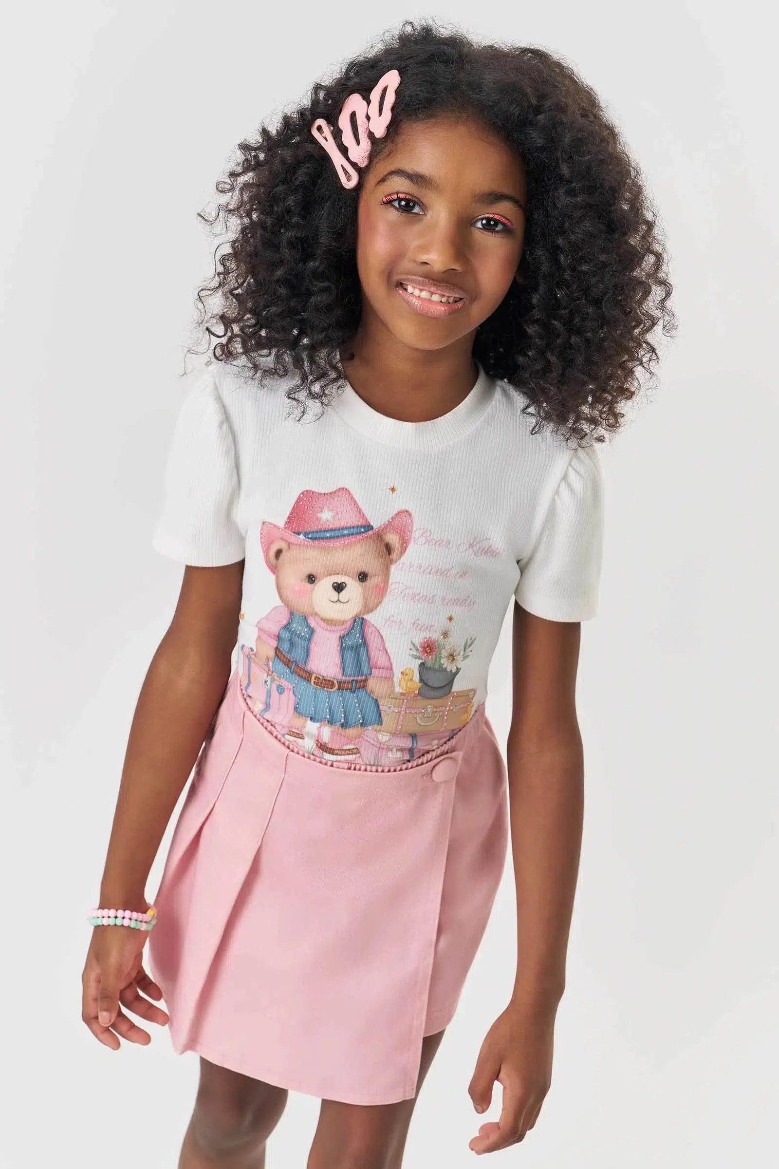 Conjunto Infantil Menina de Blusa em Canelado Liz e Short Saia em Sarja com Elastano 82391 Kukiê