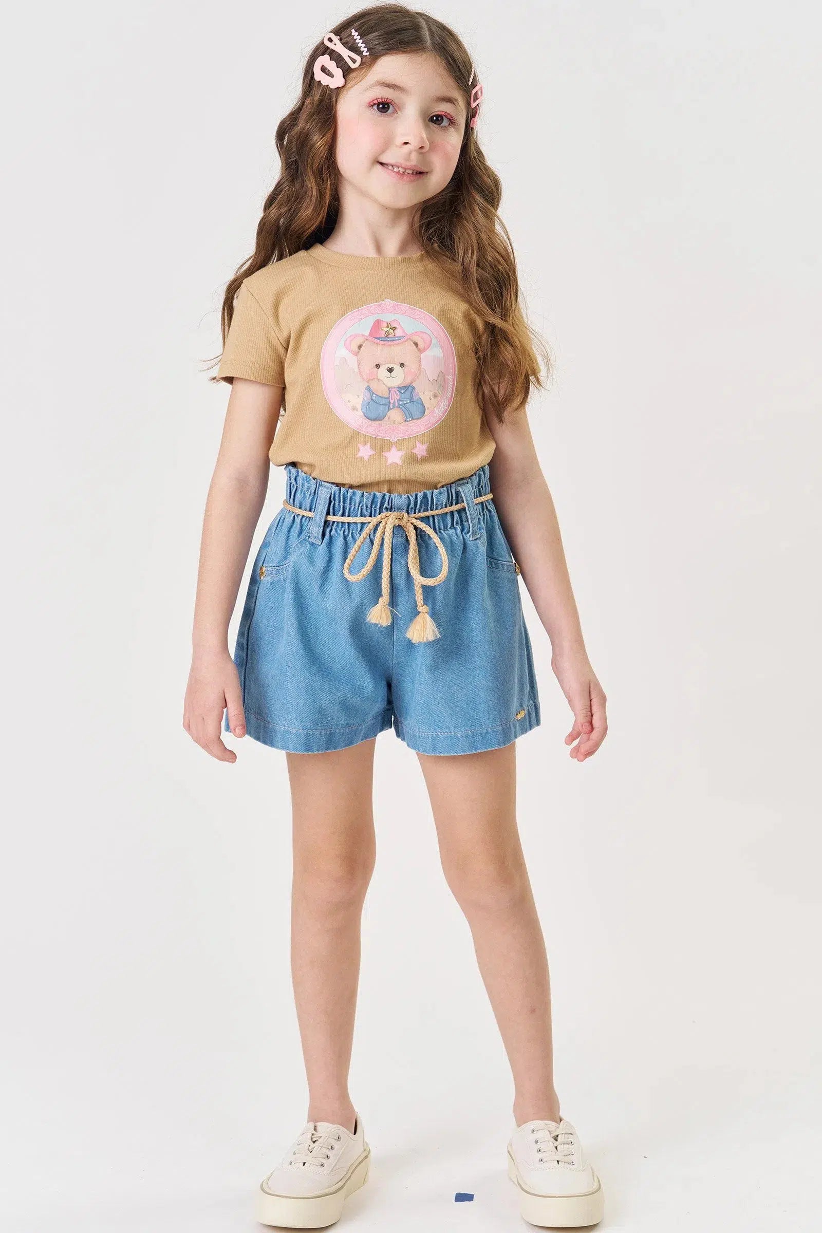 Conjunto Infantil Menina de Blusa em Canelado Liz e Shorts em Jeans 82385 Kukiê