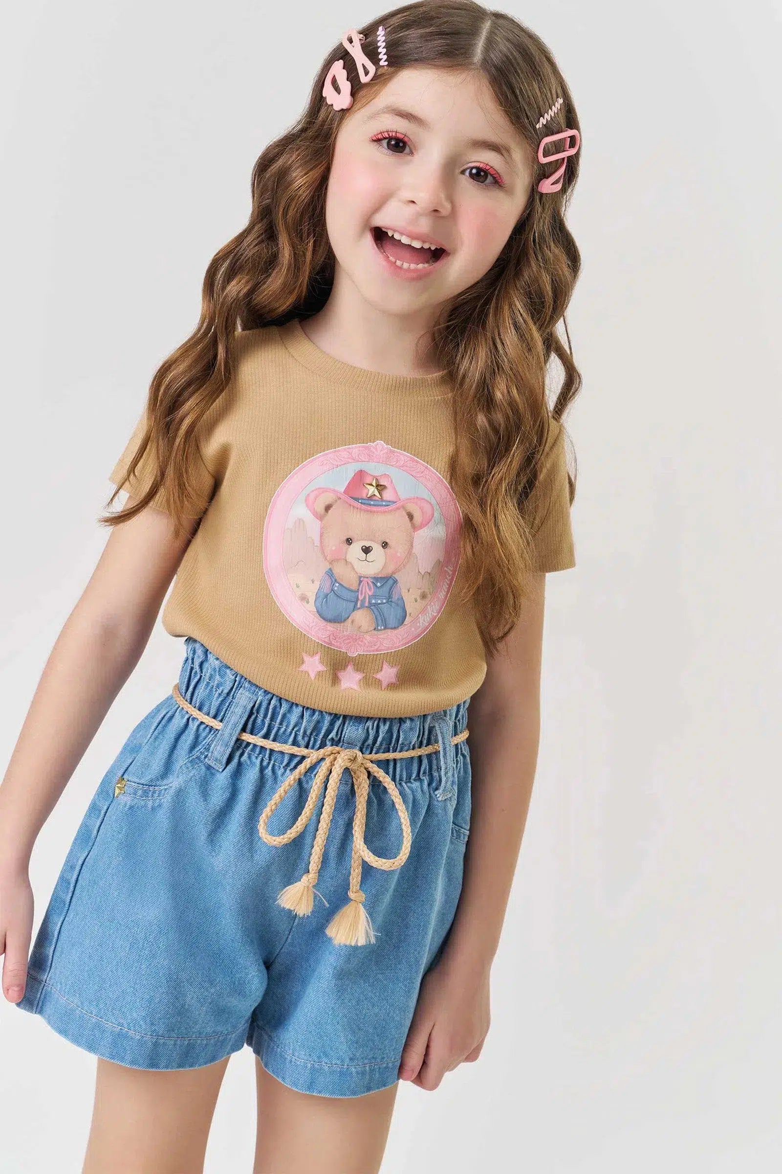 Conjunto Infantil Menina de Blusa em Canelado Liz e Shorts em Jeans 82385 Kukiê