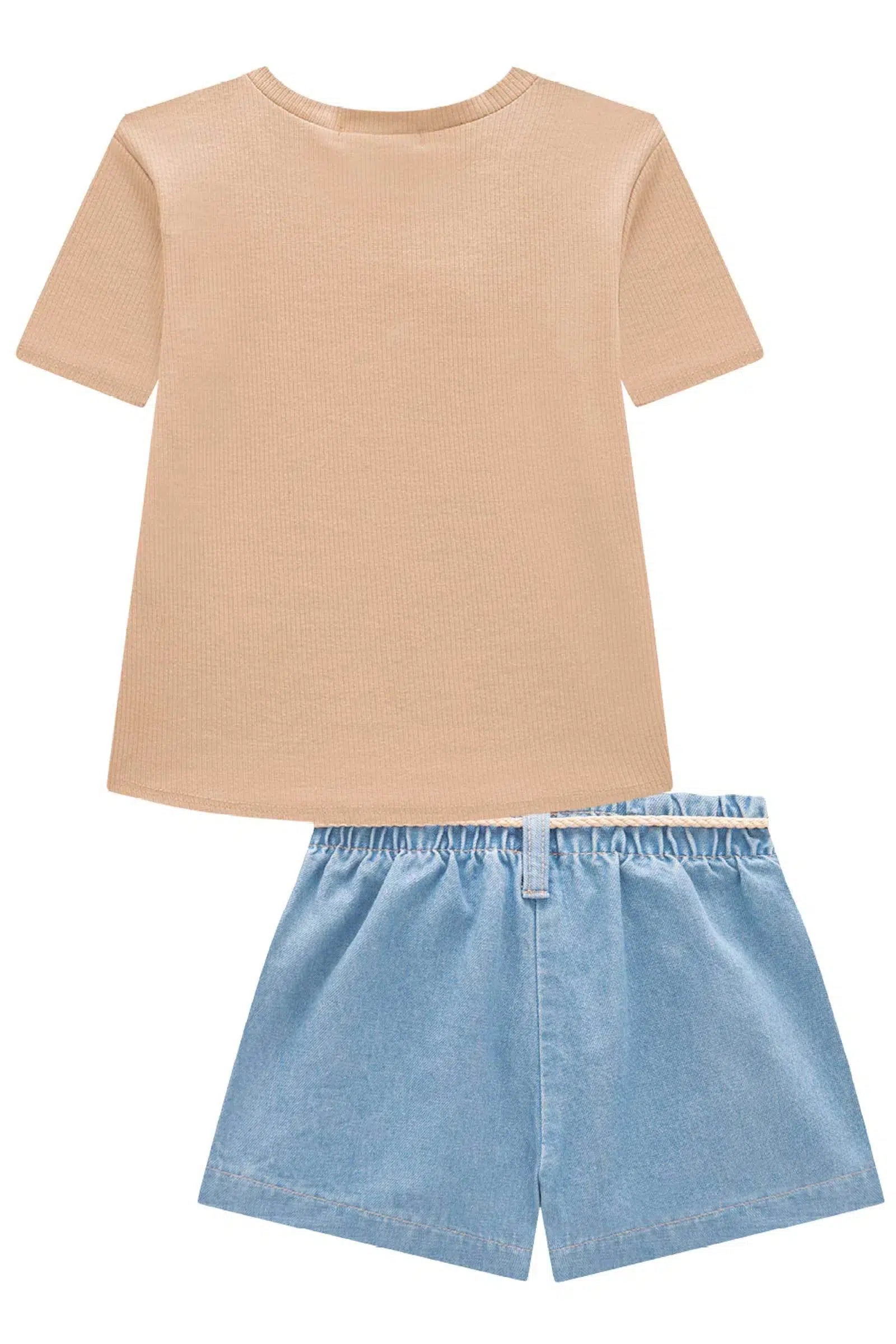 Conjunto Infantil Menina de Blusa em Canelado Liz e Shorts em Jeans 82385 Kukiê