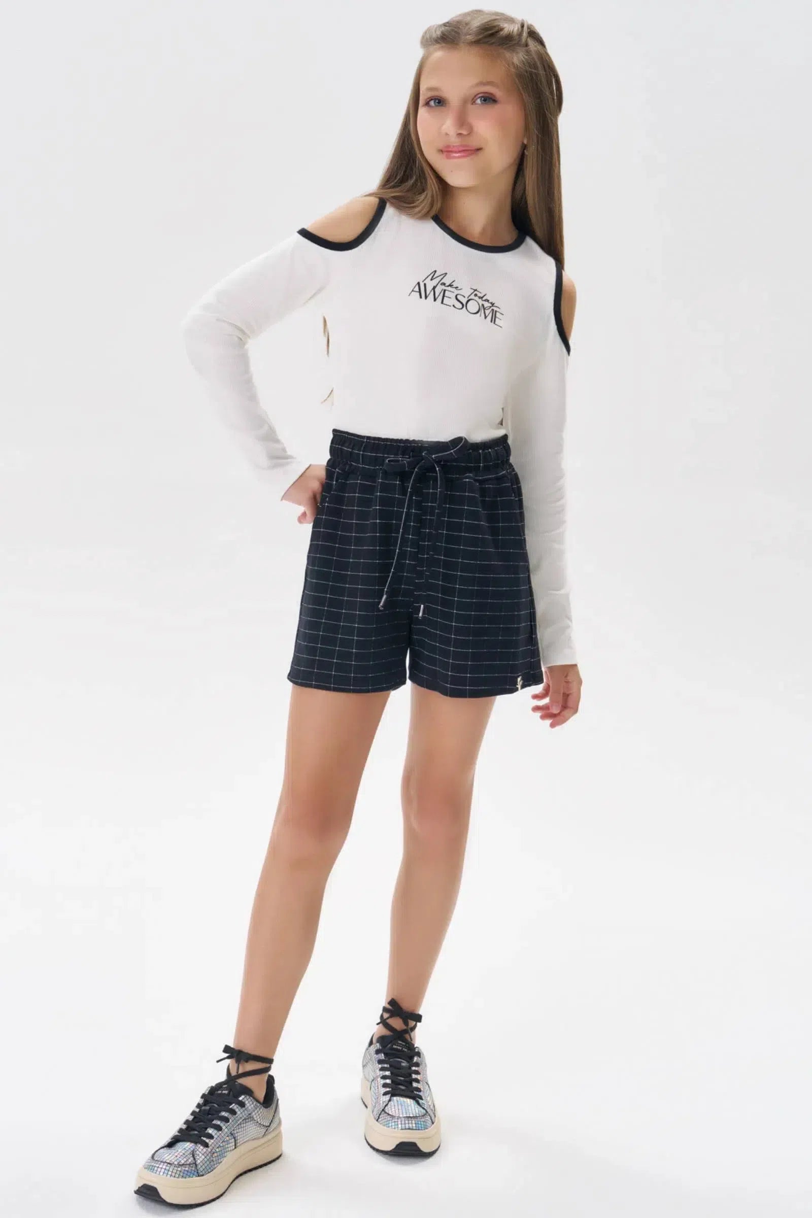 Conjunto de Blusa em Canelado Liz e Shorts em Malha Grid de Viscose 80609 Vic&Vicky Teen Menina