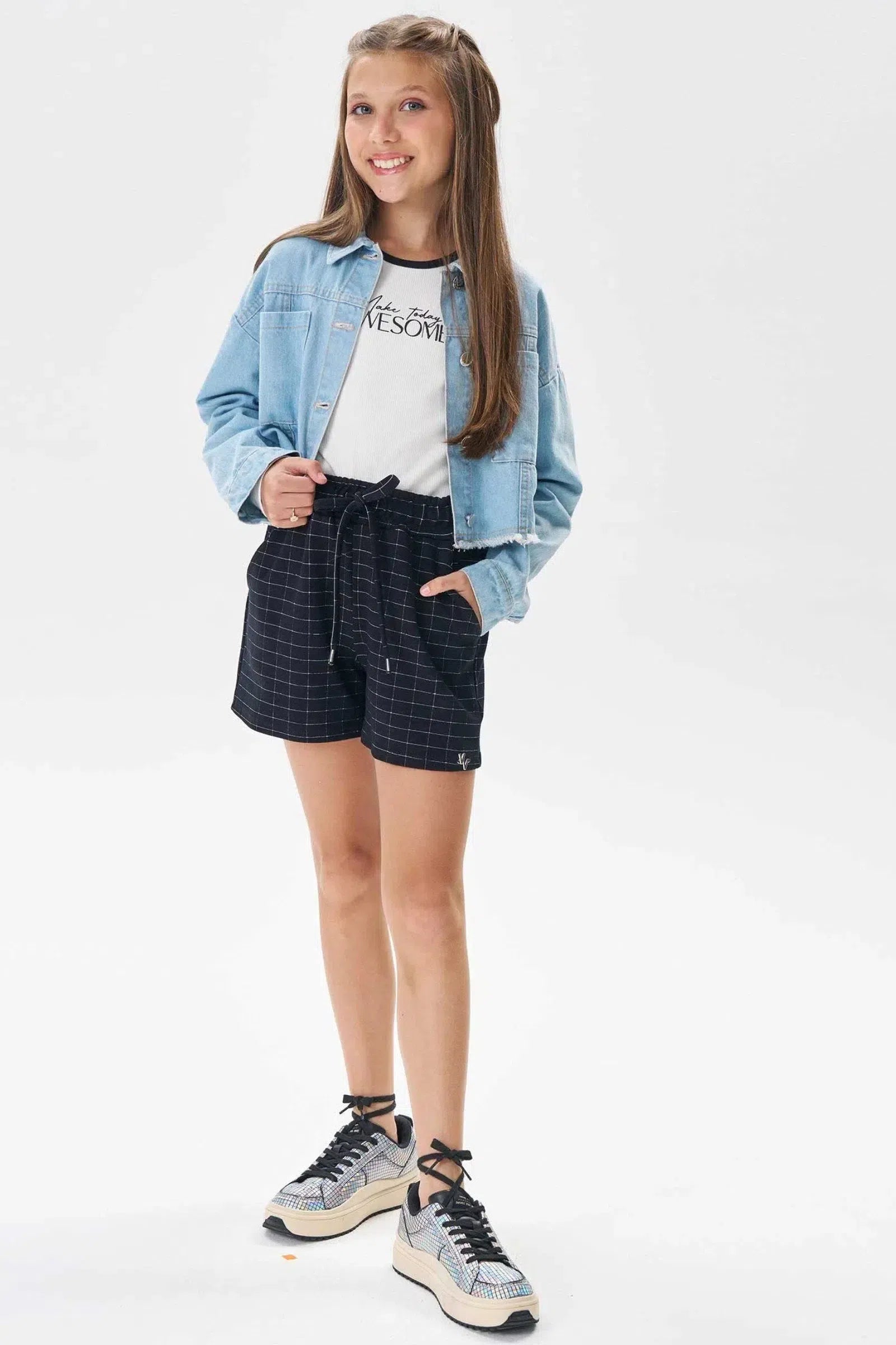 Conjunto de Blusa em Canelado Liz e Shorts em Malha Grid de Viscose 80609 Vic&Vicky Teen Menina