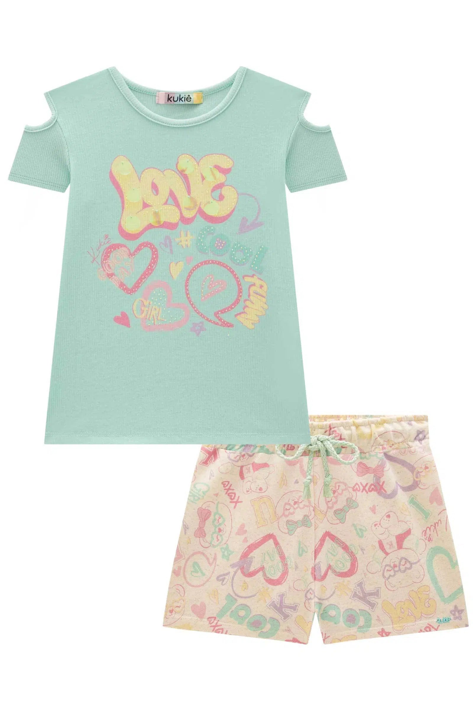 Conjunto Infantil Menina de Blusa em Canelado Liz e Shorts em Moletom sem Pelúcia 82285 Kukiê