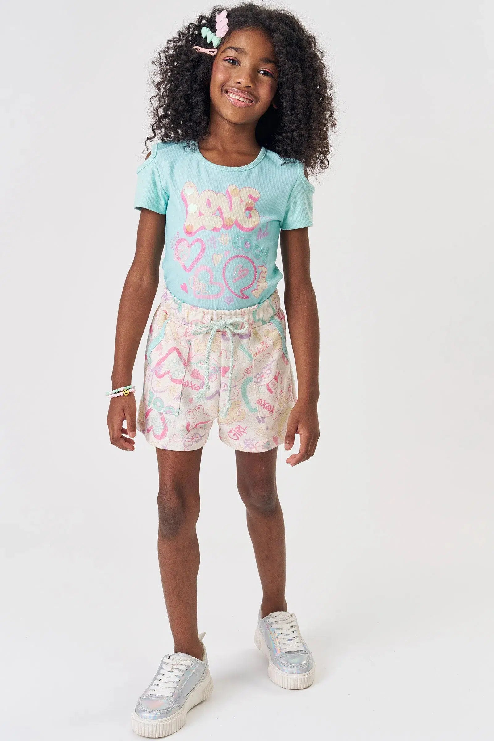 Conjunto Infantil Menina de Blusa em Canelado Liz e Shorts em Moletom sem Pelúcia 82285 Kukiê