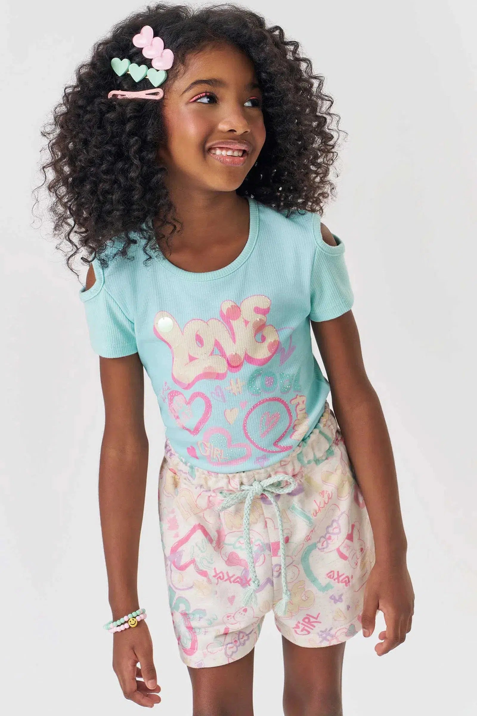 Conjunto Infantil Menina de Blusa em Canelado Liz e Shorts em Moletom sem Pelúcia 82285 Kukiê