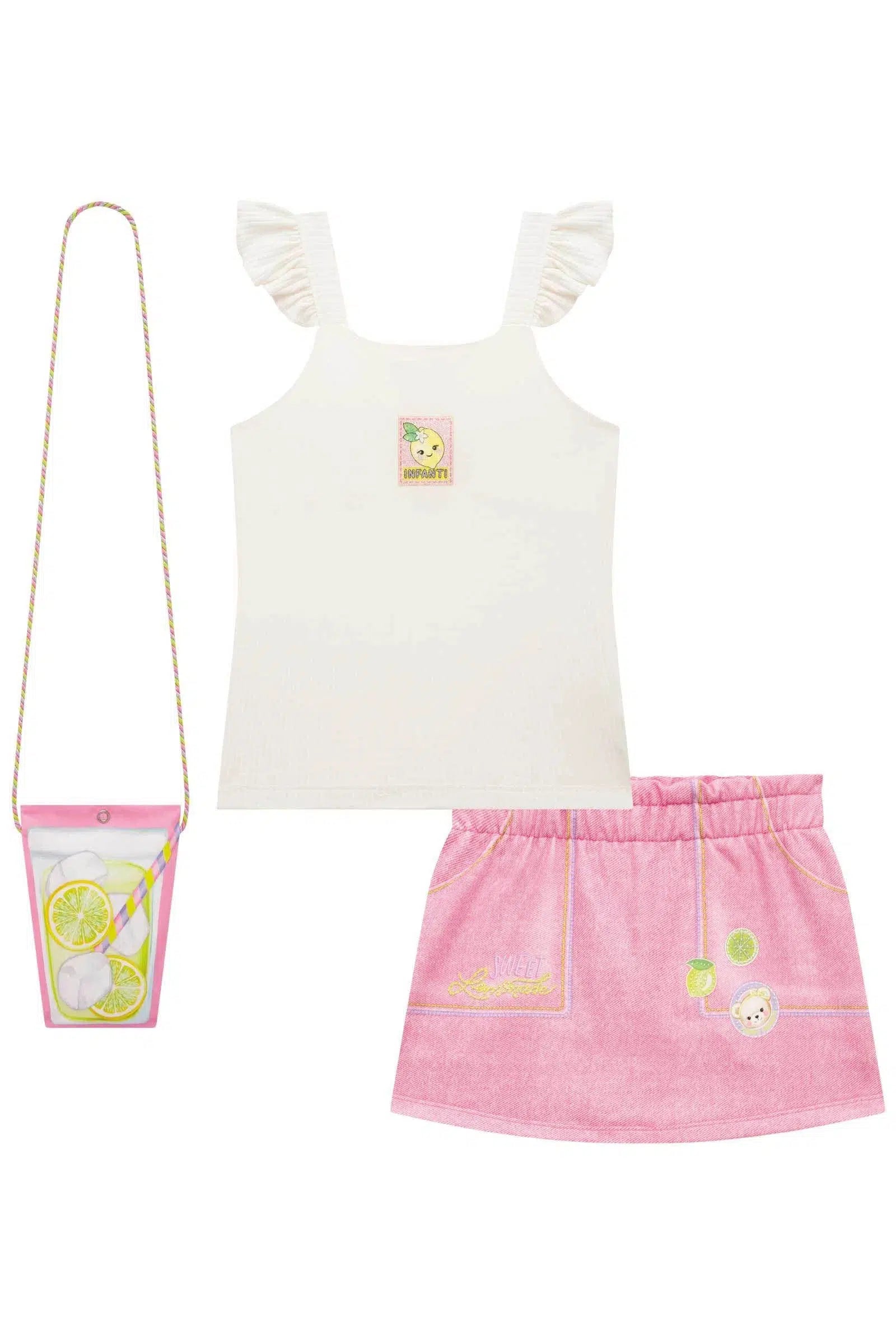 Conjunto de Blusa em Canelado Maui Short Saia em Molecotton e Bolsa em Super Cetim 76839 Infanti