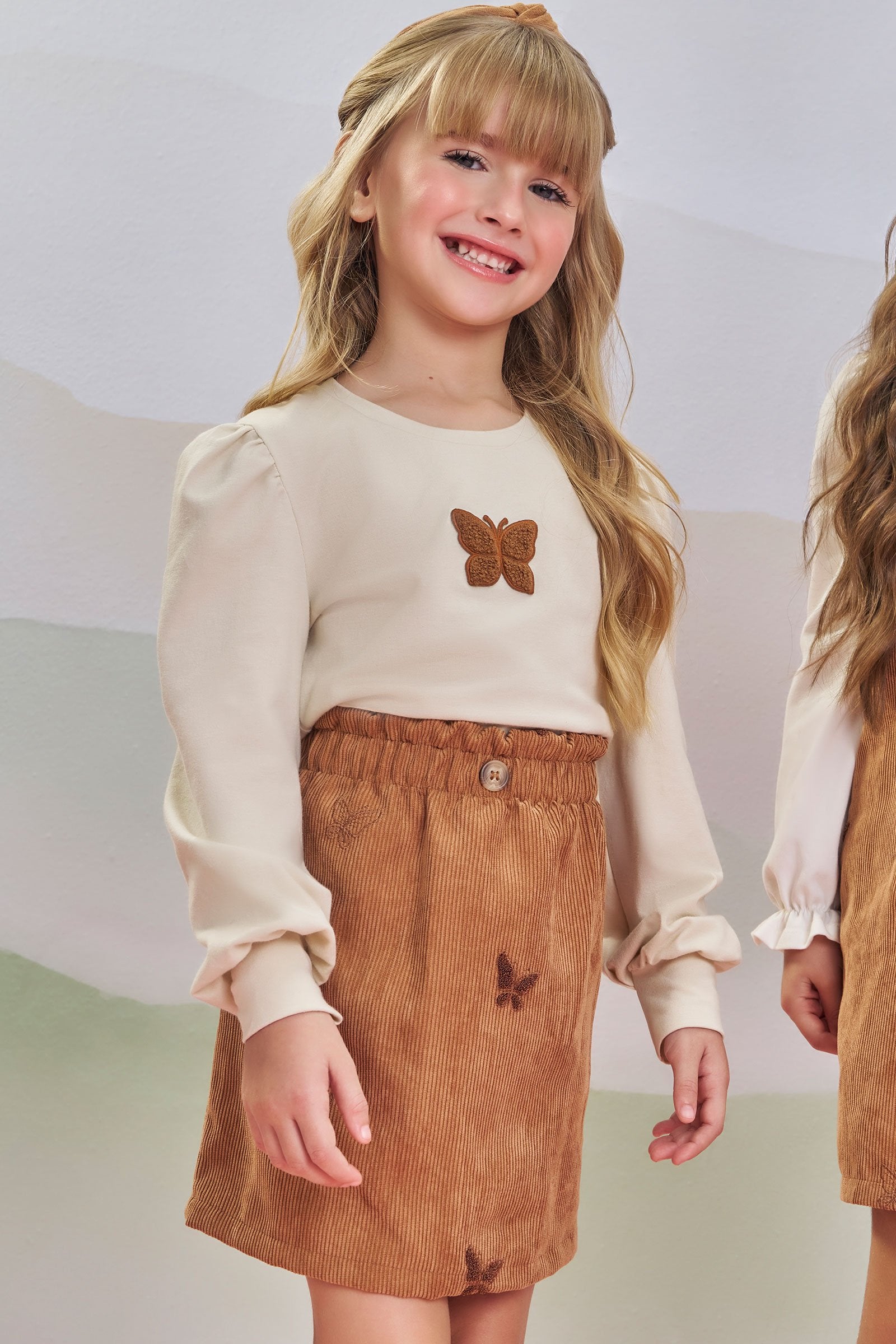 Conjunto de Blusa em Cotton com Saia em Veludo Cotelê Bordado 79194 Infanti Infantil Menina