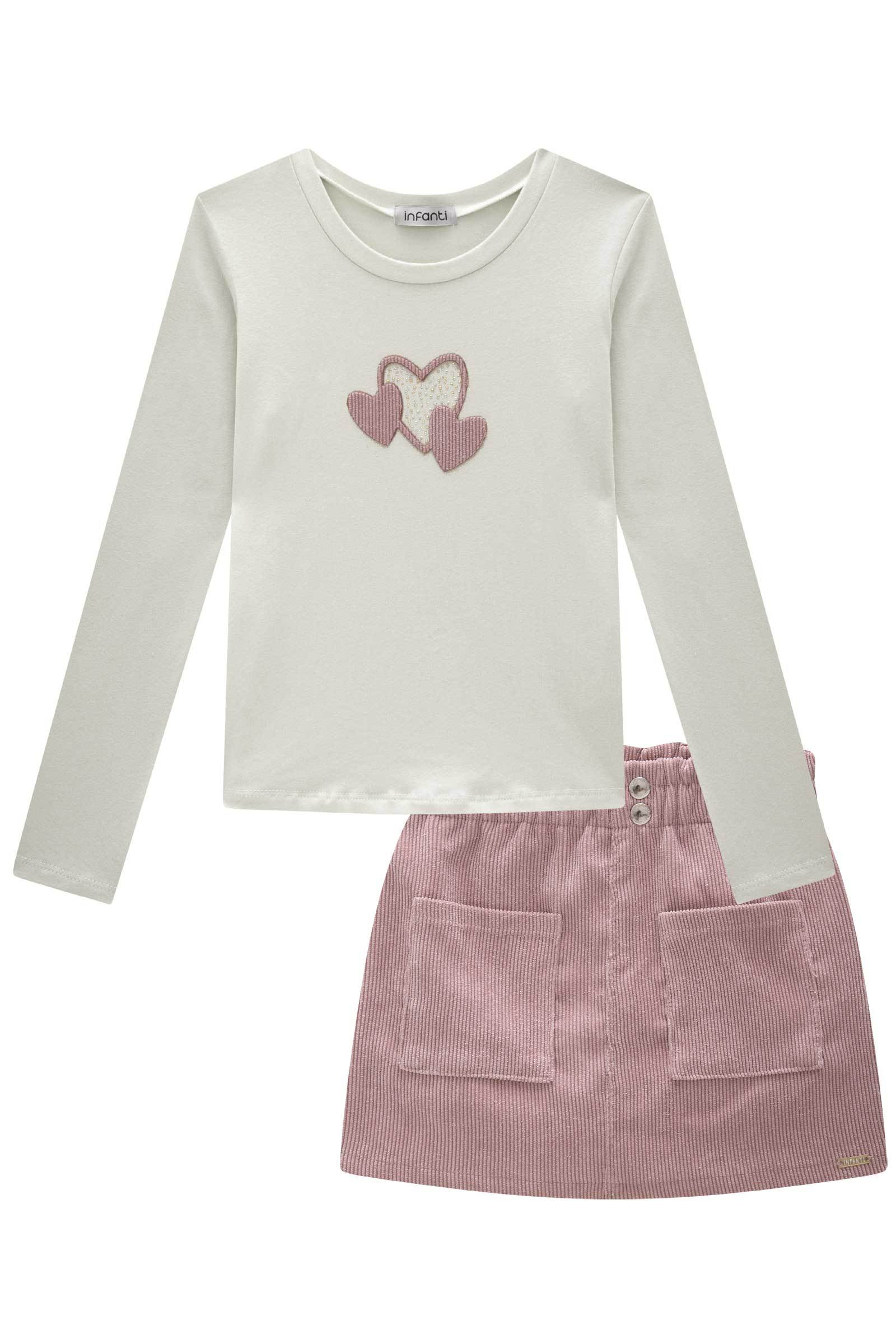 Conjunto de Blusa em Cotton com Short Saia em Veludo Cotelê 80573 Infanti Infantil Menina