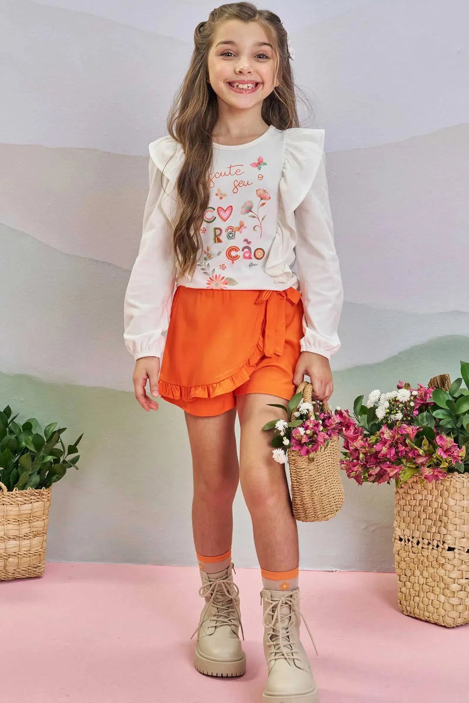 Conjunto de Blusa em Cotton com Short Saia em Viscose 81235 Infanti Infantil Menina